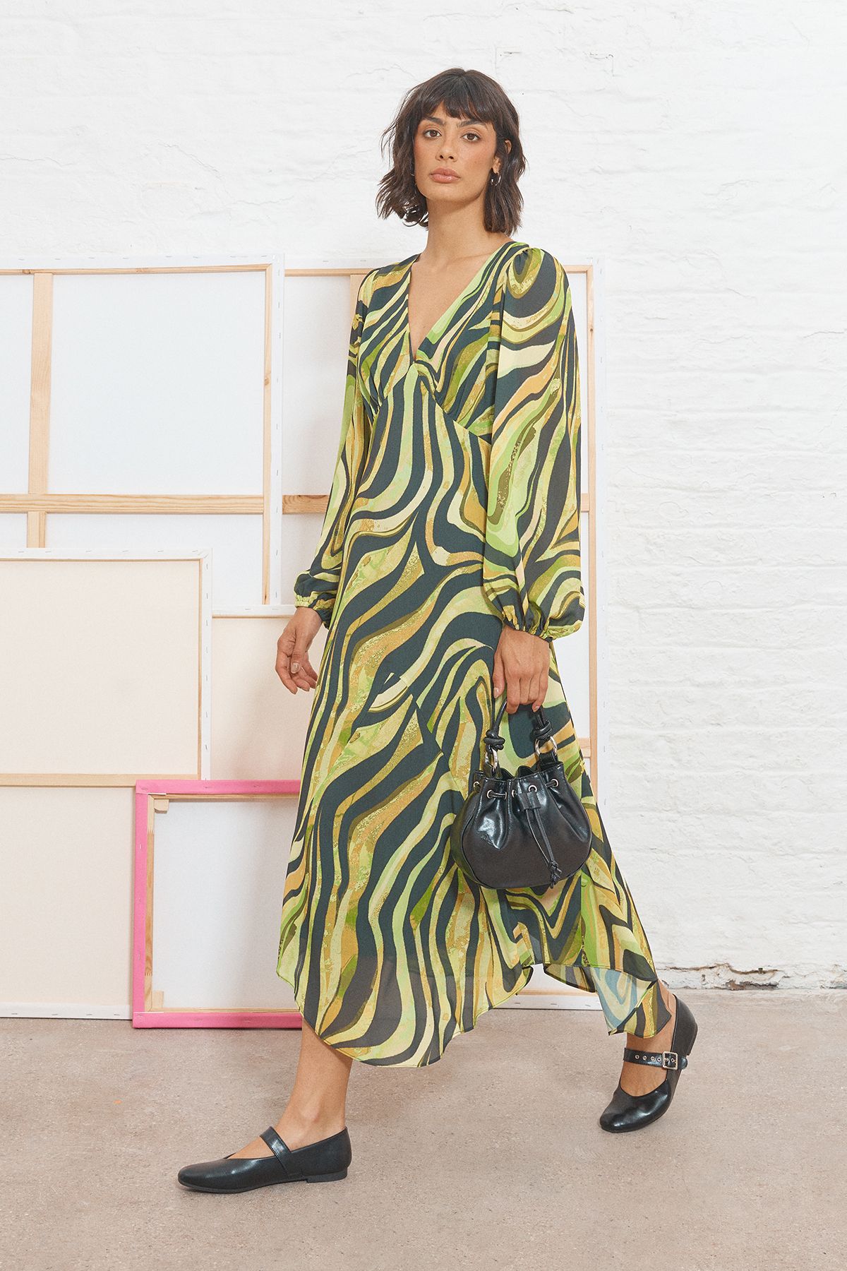 Warehouse Tony Chiffon Plunge Neck Asymmetric Hem Midi Dress Zebra image 1