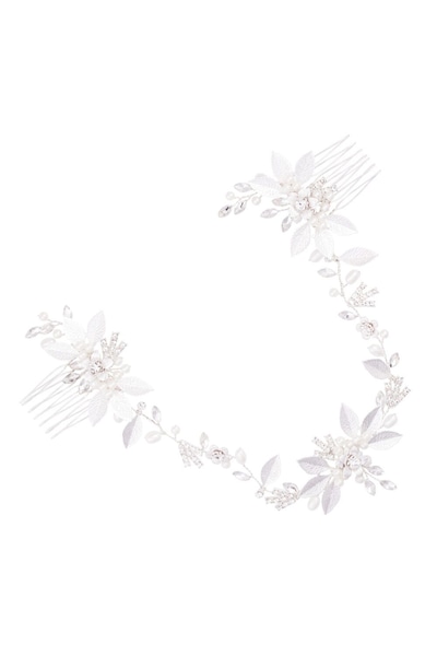 Jon Richard Lena Silver Crystal Fresh Water Pearl Double Hair Comb - Gift Pouch