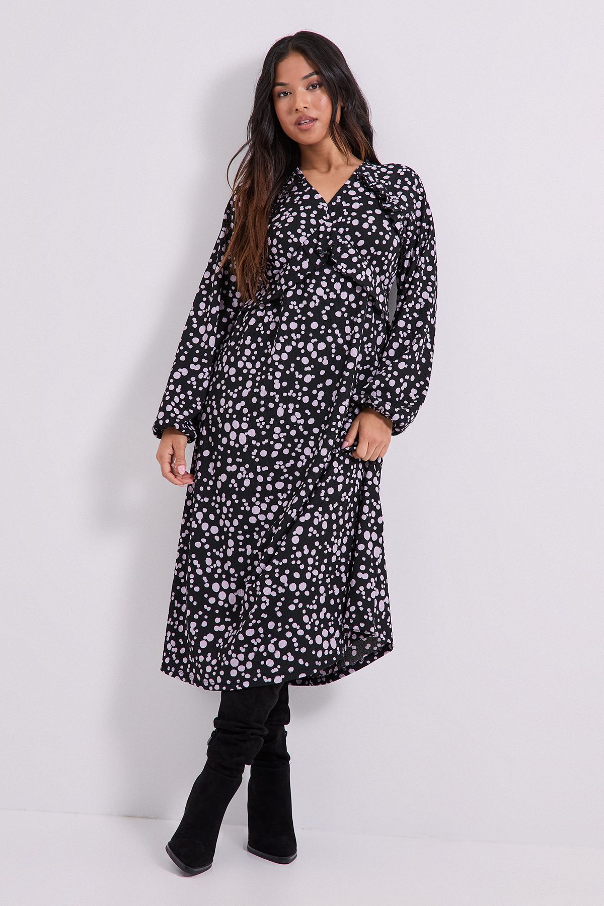 Dorothy Perkins Petite Purple Spot Empire Seam Frill Detail Jersey Midi Dress Blue image 2