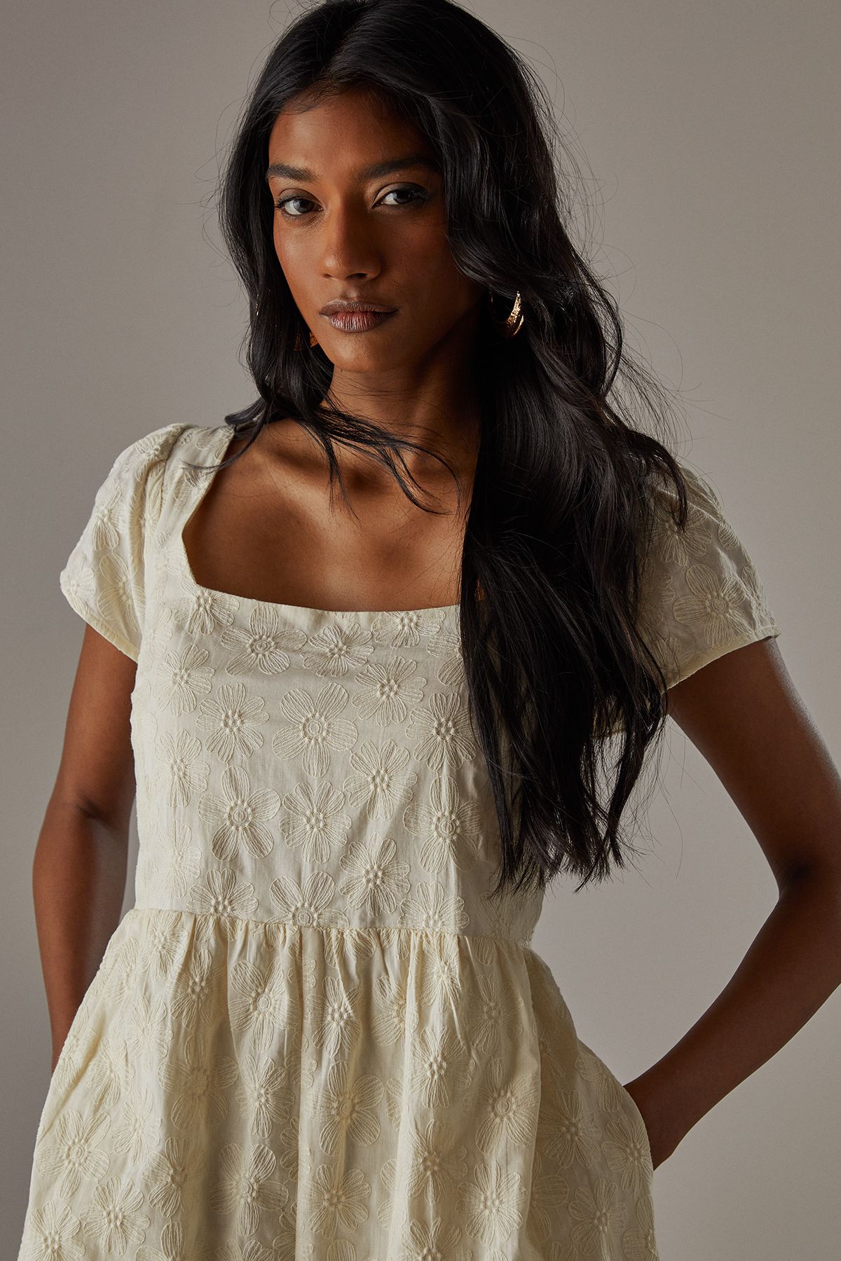 Warehouse Floral Cotton Square Neck Babydoll Playsuit Cream image 4