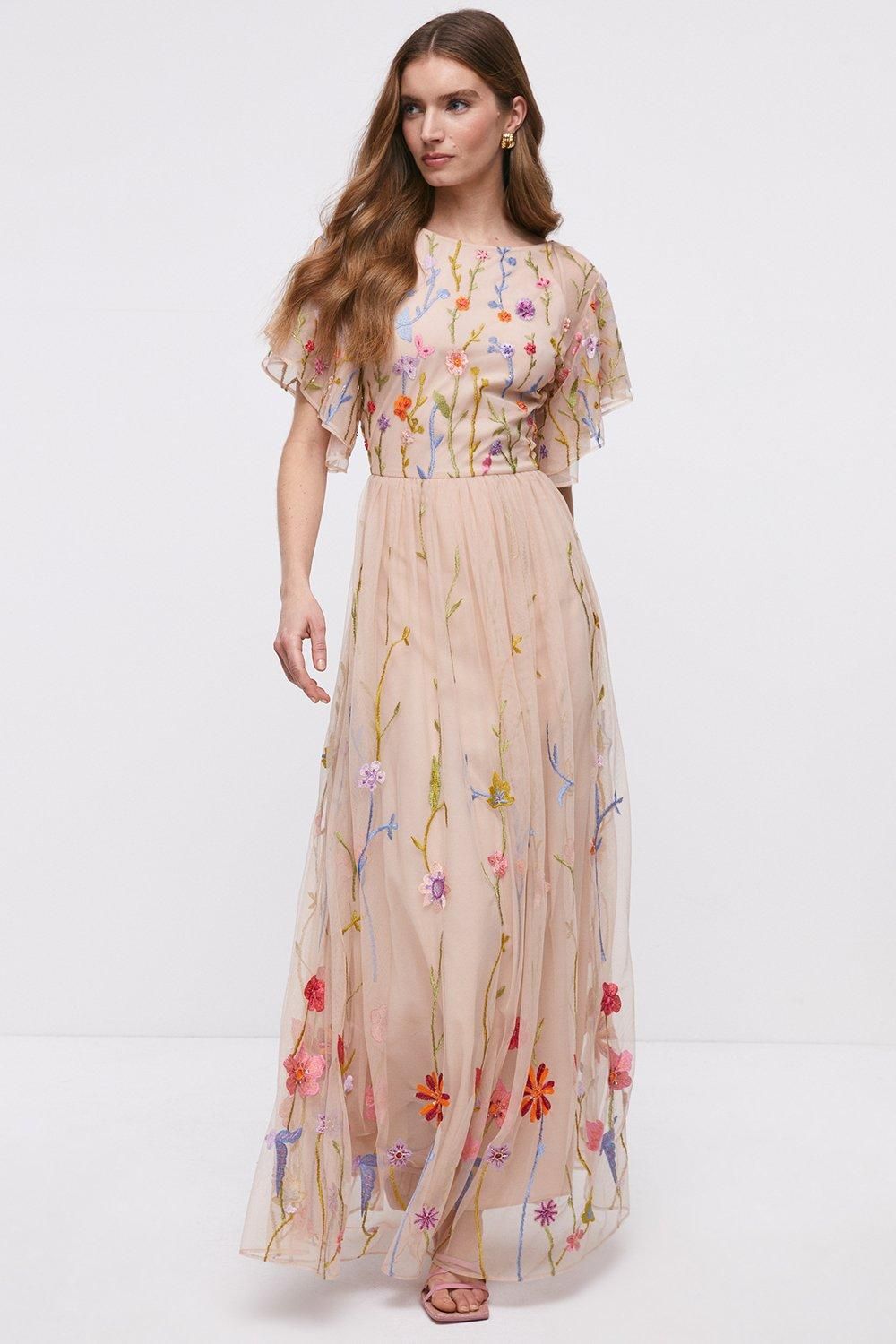 Coast Meadow Embroidered Flute Sleeve Maxi Dress Dusty Rose