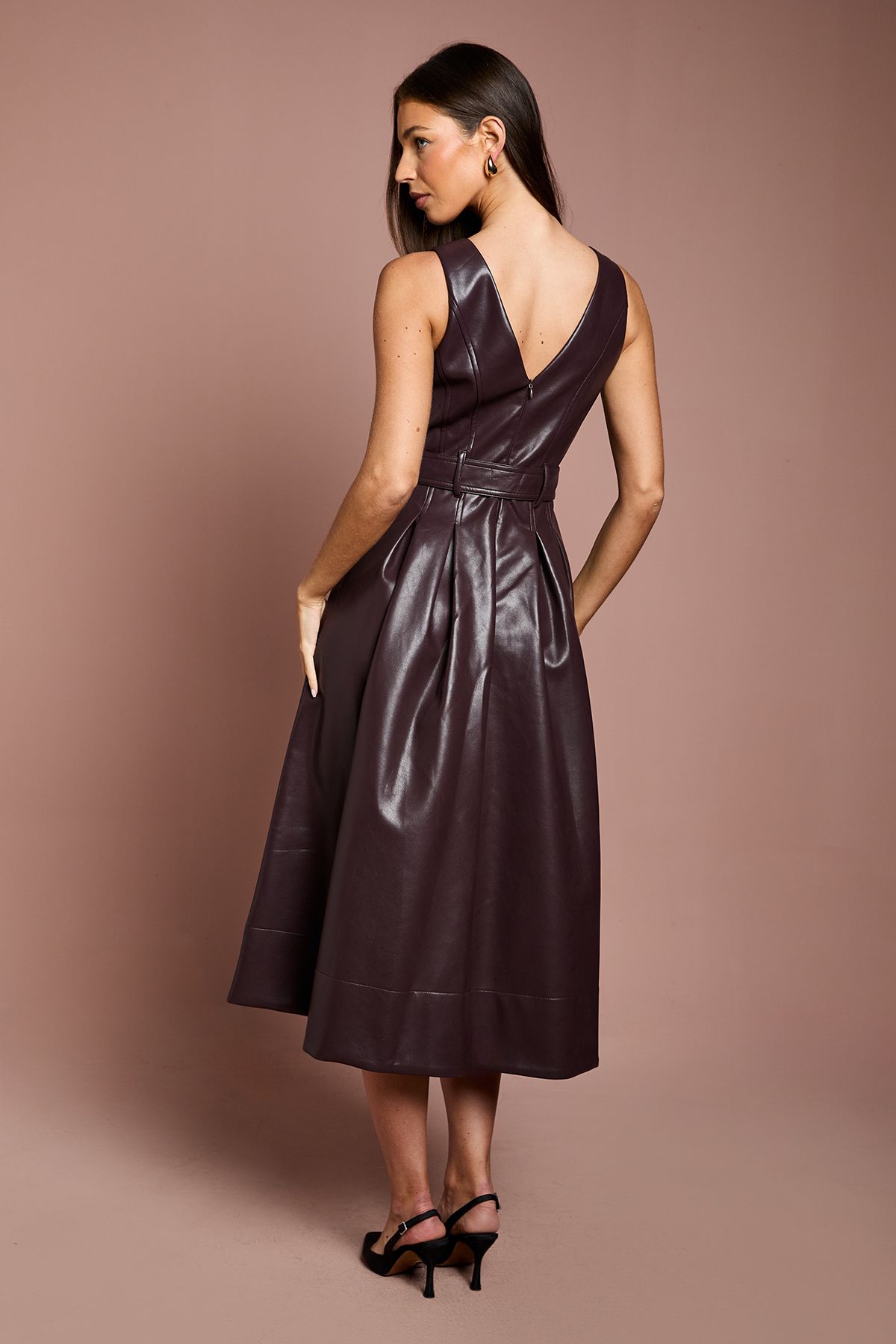 Coast V Neck Sleeveless PU Dress With Belt Brown image 3
