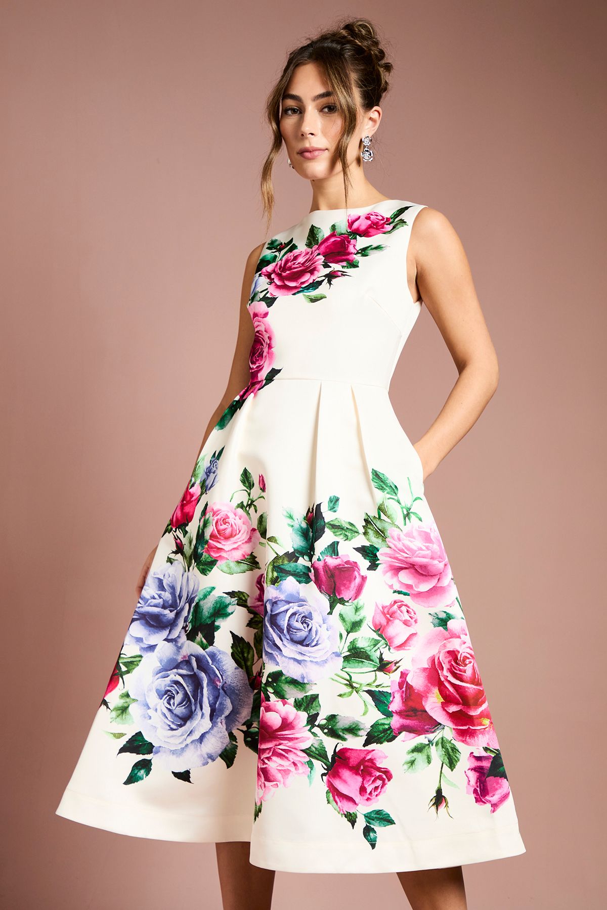 Coast Pocket Structured Satin Placement Print Midi Dress Ivory image 1