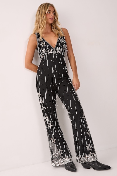 NastyGal Star Sequin Pearl Droplet Plunge Jumpsuit Black