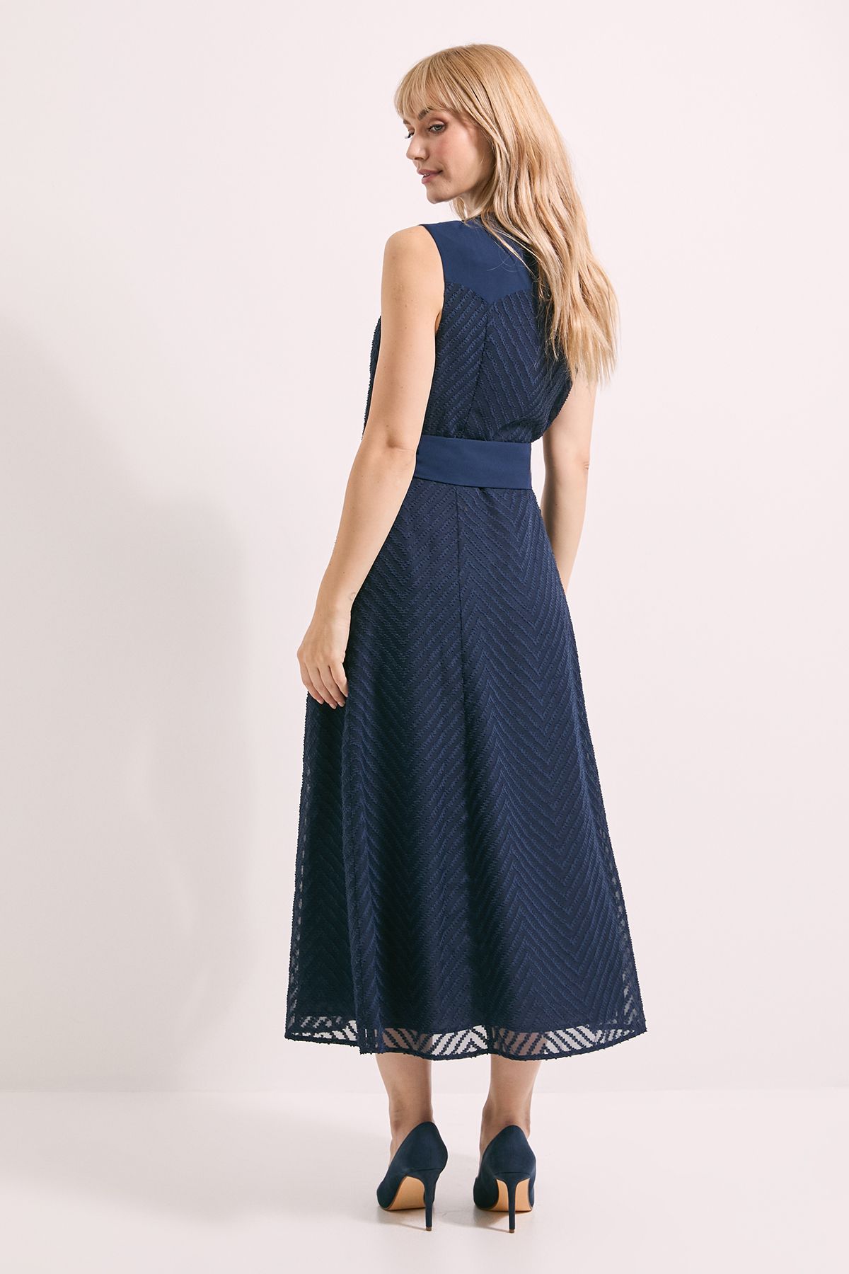 Principles Navy Western Yoke Tie Waist Jacquard Midi Dress Navy image 3