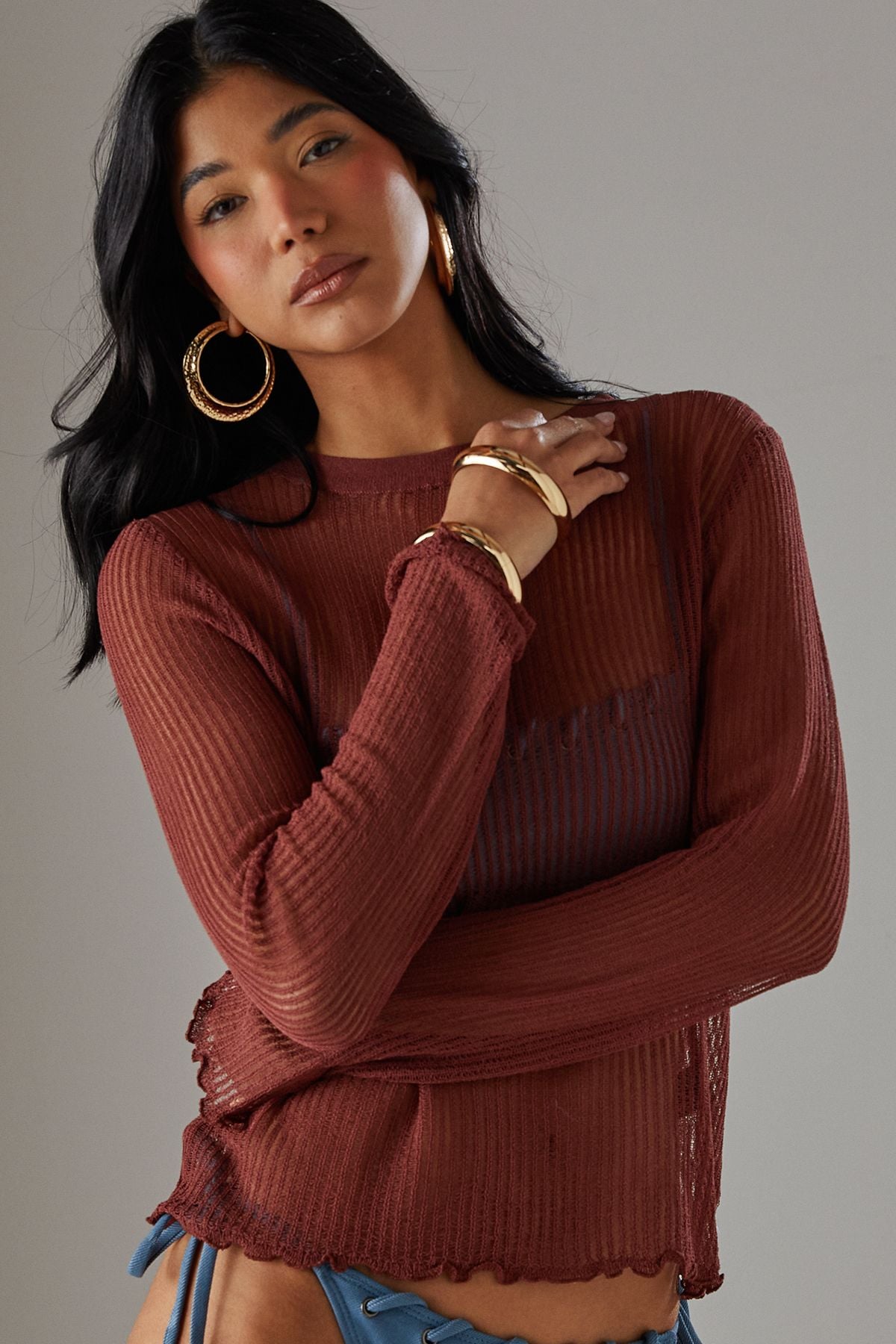 Warehouse Sheer Knitted Top Desert Rose image 2