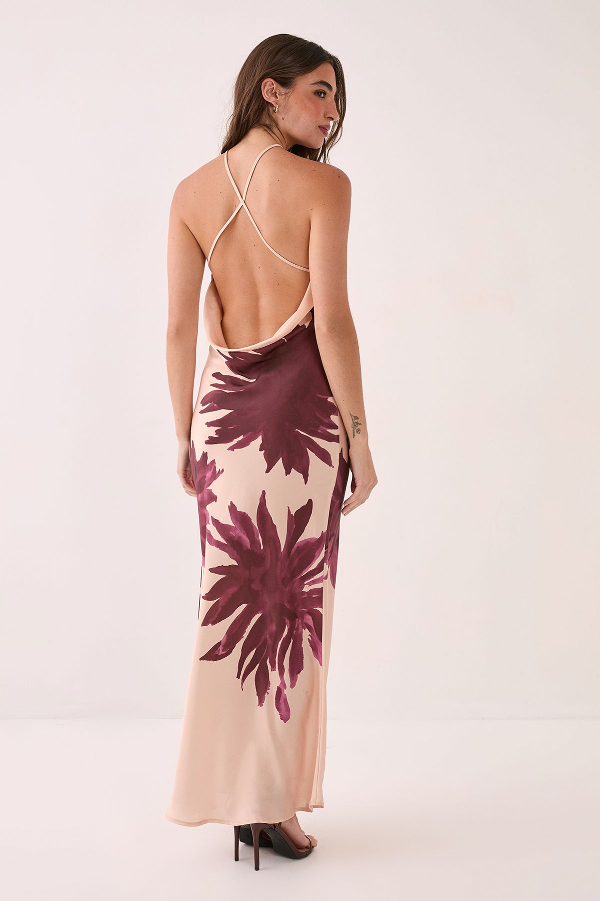 NastyGal Satin Floral Placement Halterneck Maxi Dress Nude image 4