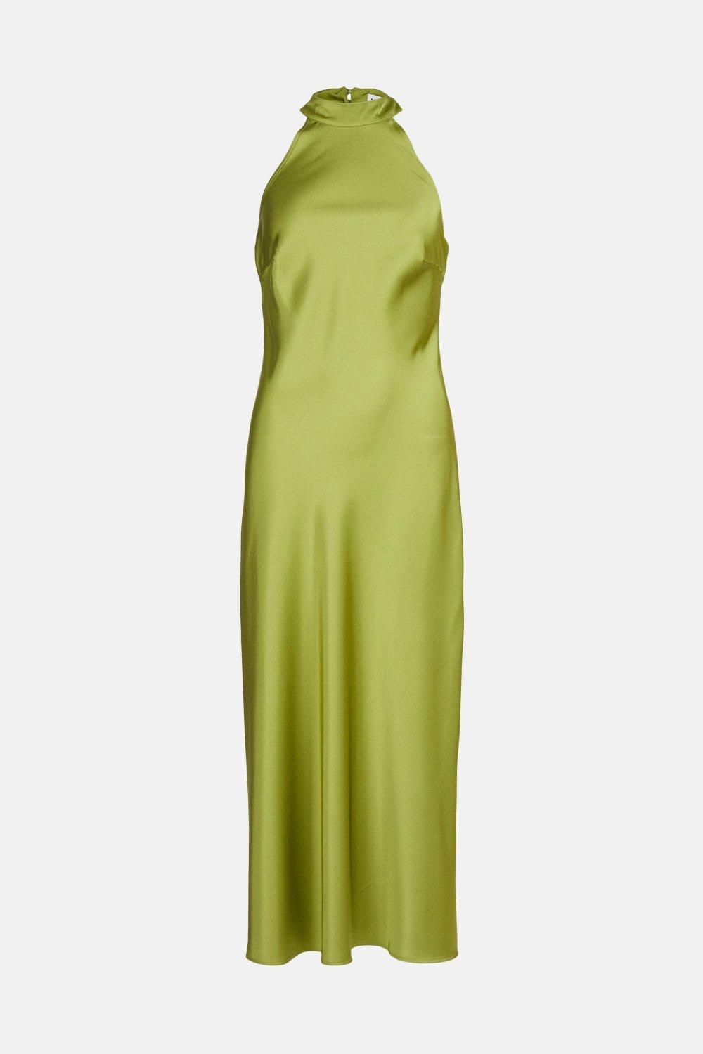 Warehouse Satin Halter Neck Backless Slip Dress Green image 5