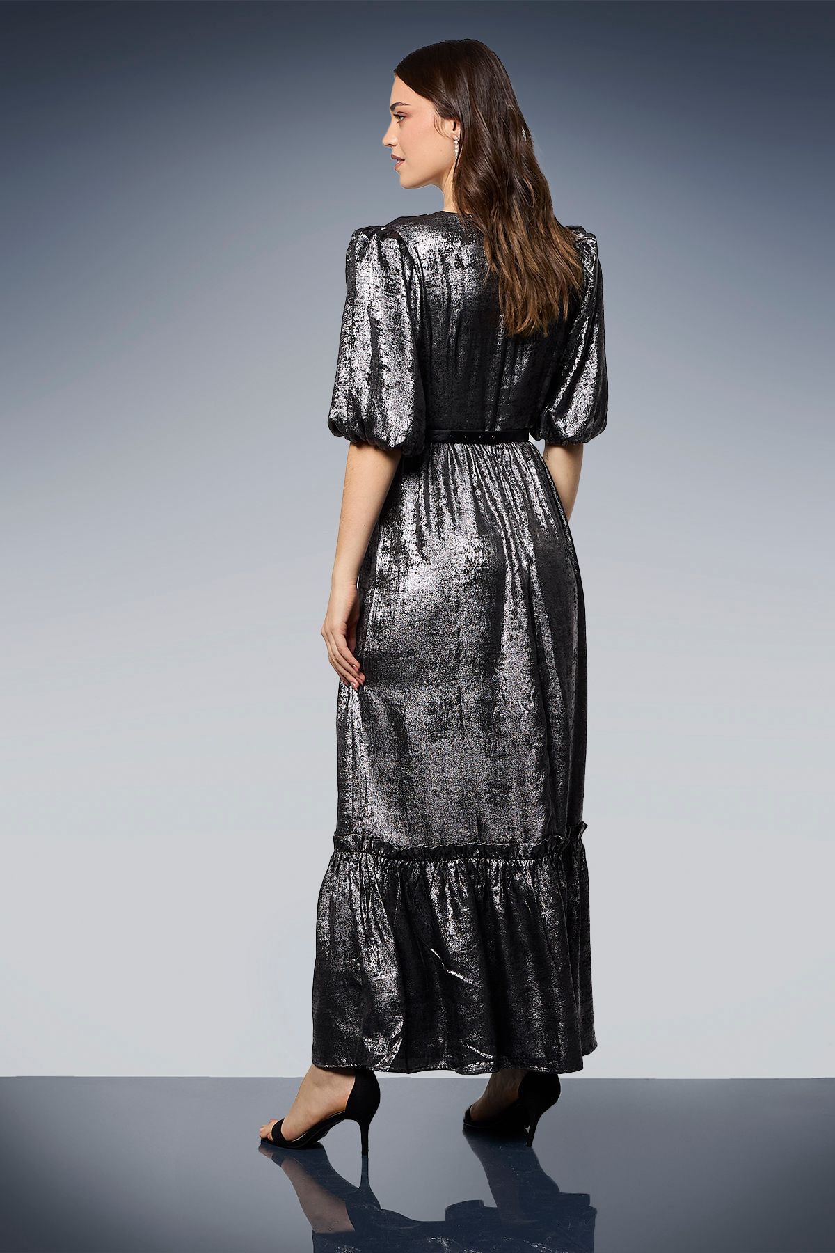 Dorothy Perkins DP Luxe Metallic Puff Sleeve Tiered Maxi Dress Silver image 3