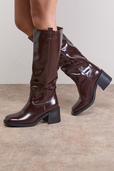 Oasis Luna High Shine Faux Leather Gaucho Knee Boots Burgundy