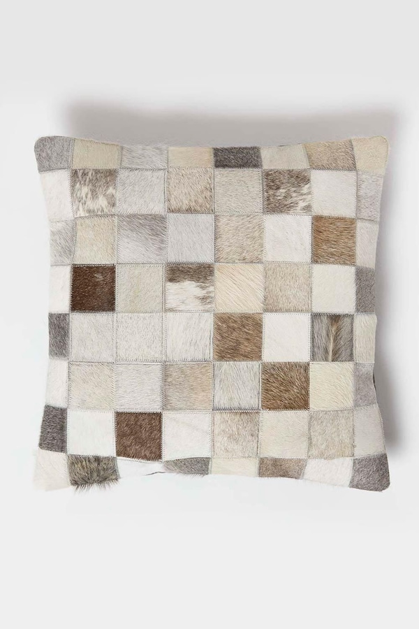 Homescapes Block Check Leather Cushion 45 x 45 cm