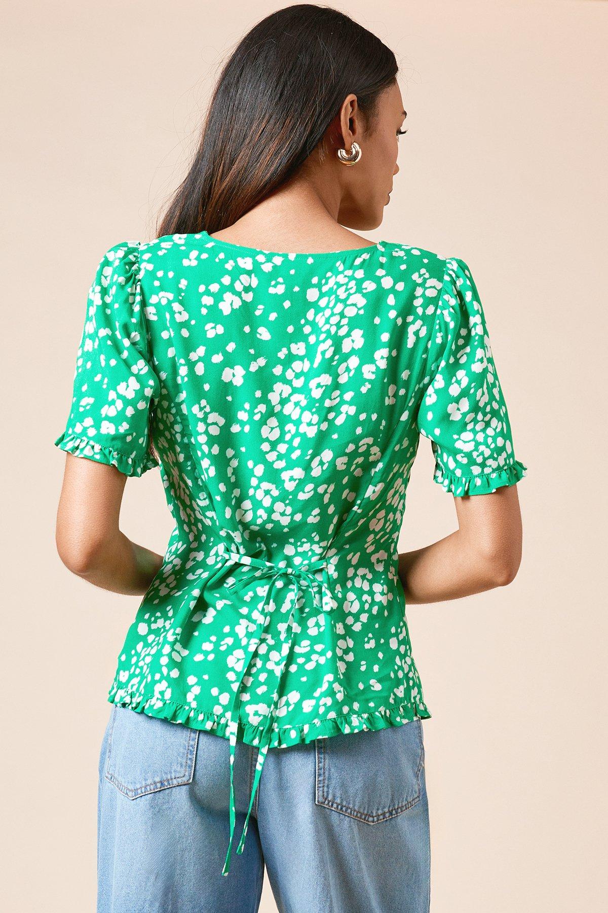 Dorothy Perkins Green Floral Button Up Frill Detail Top Green image 3