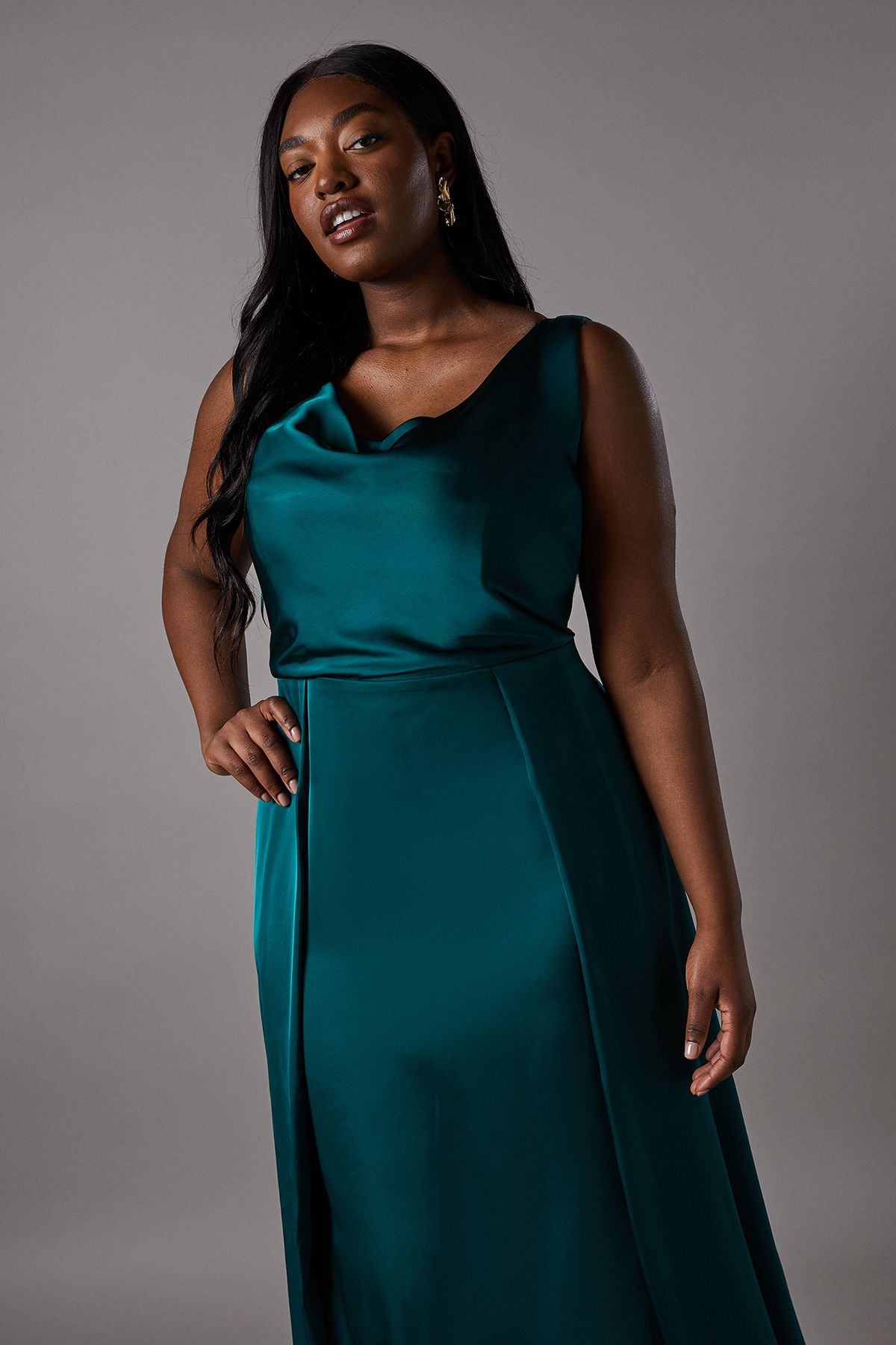 Coast Plus Size Cowl Neck A-Line Satin Bridesmaid Dress Emerald image 3