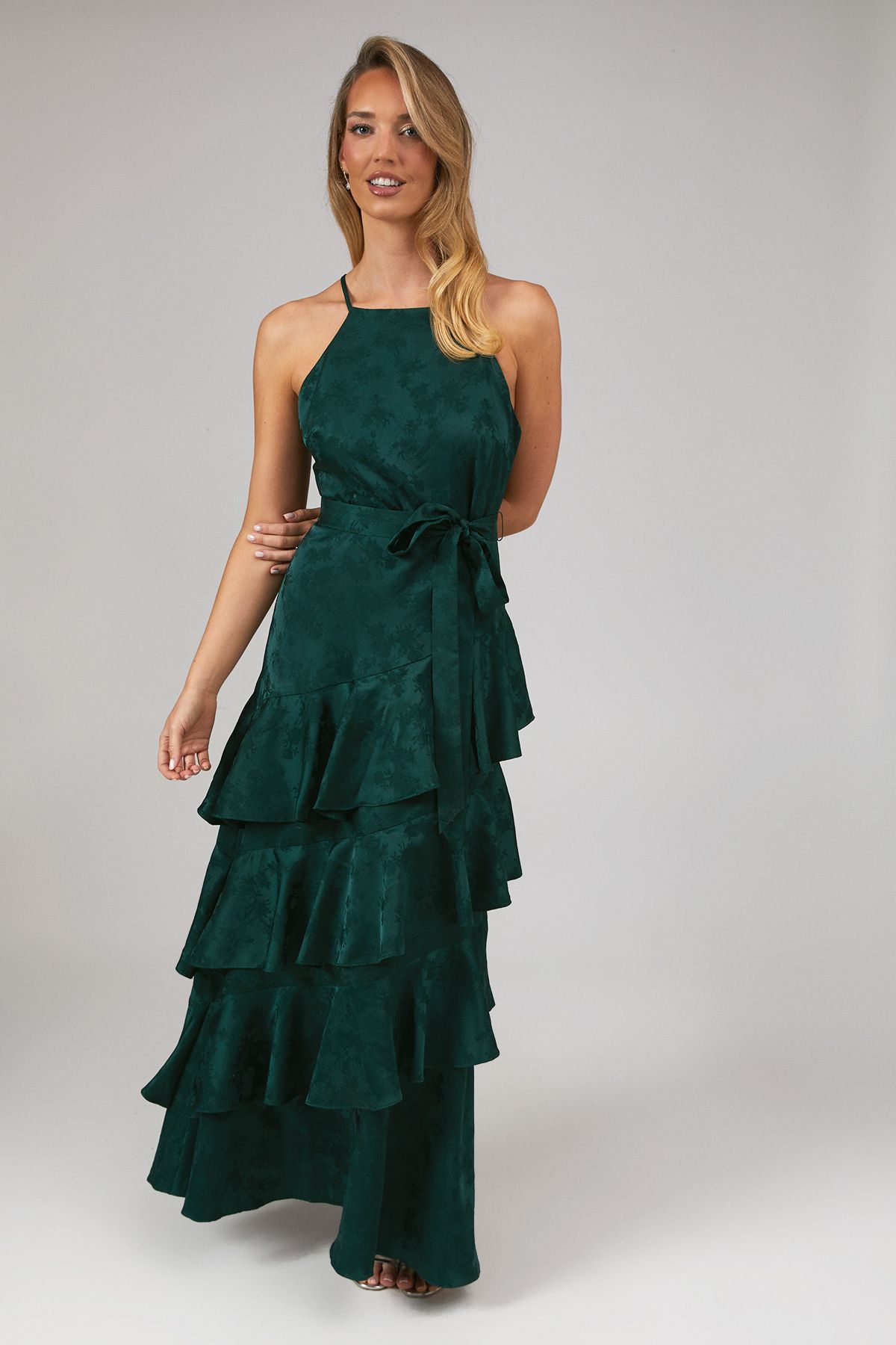 Oasis Satin Jacquard Ruffle Halter Neck Bridesmaid Dress Emerald image 1