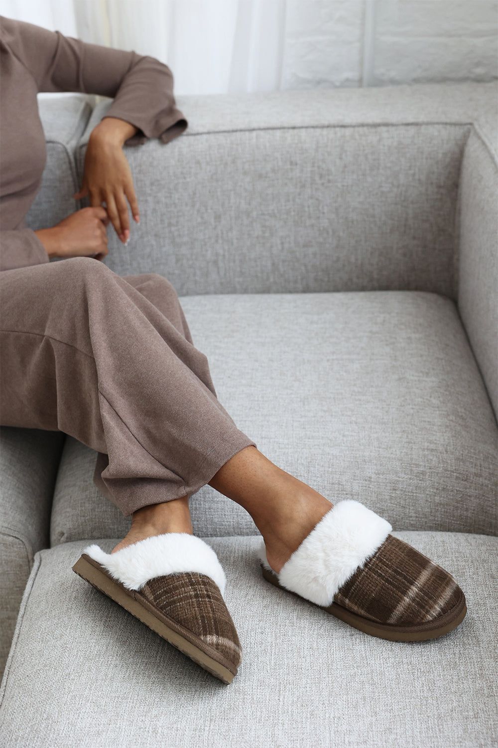 Where's That From 'Jemima' Tartan Mule Slippers with Faux Fur Trim image 7