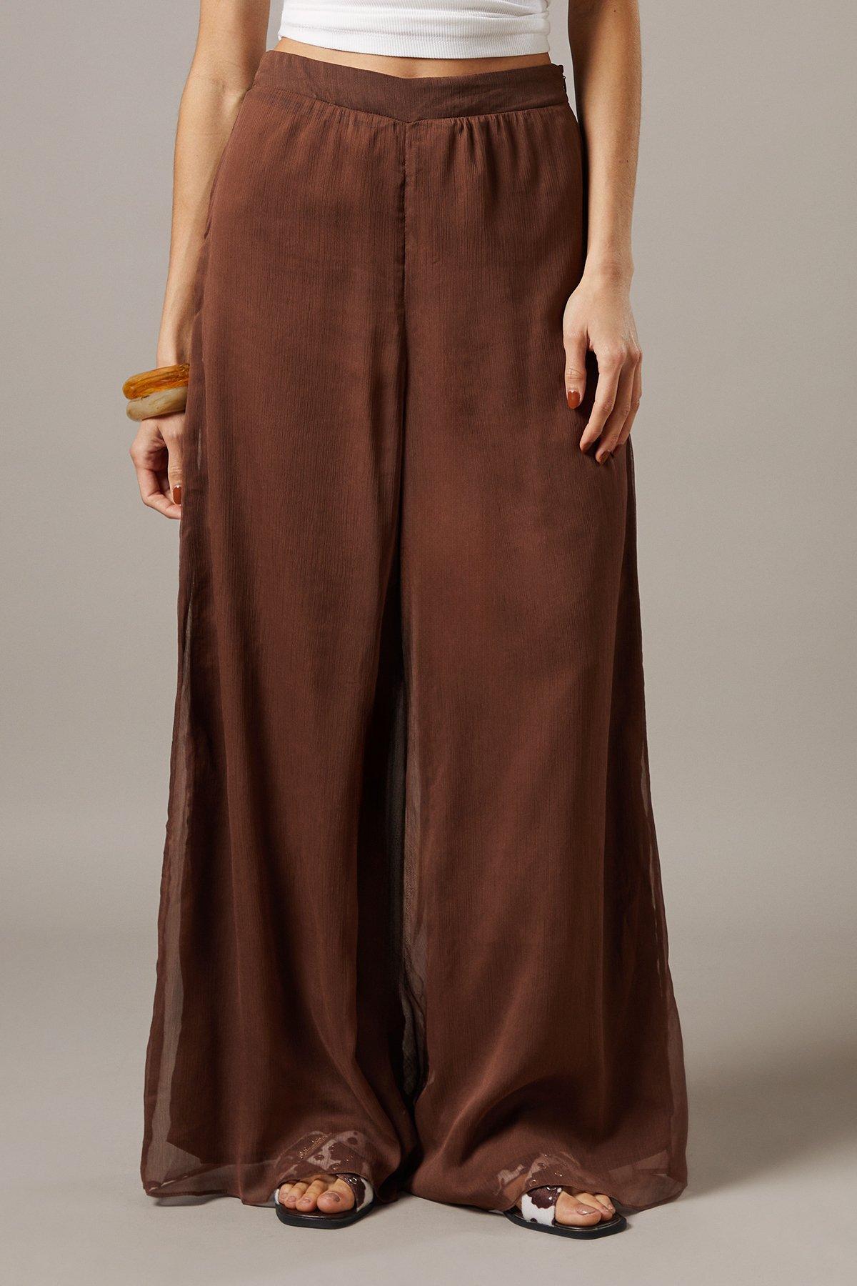 Warehouse Chiffon High Waisted Wide Leg Trousers Chocolate image 1