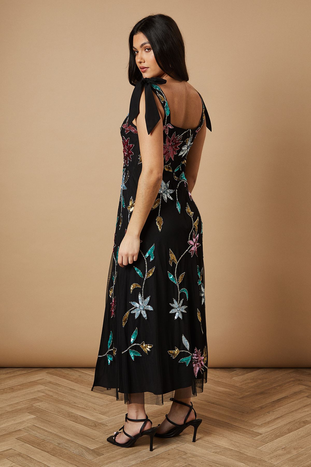 Oasis Floral Embellished Split Midi Dress Black image 4