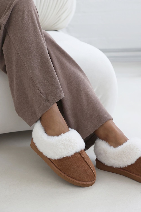 Where's That From 'Inaya' Mule Slippers with Faux Fur Collar Trim