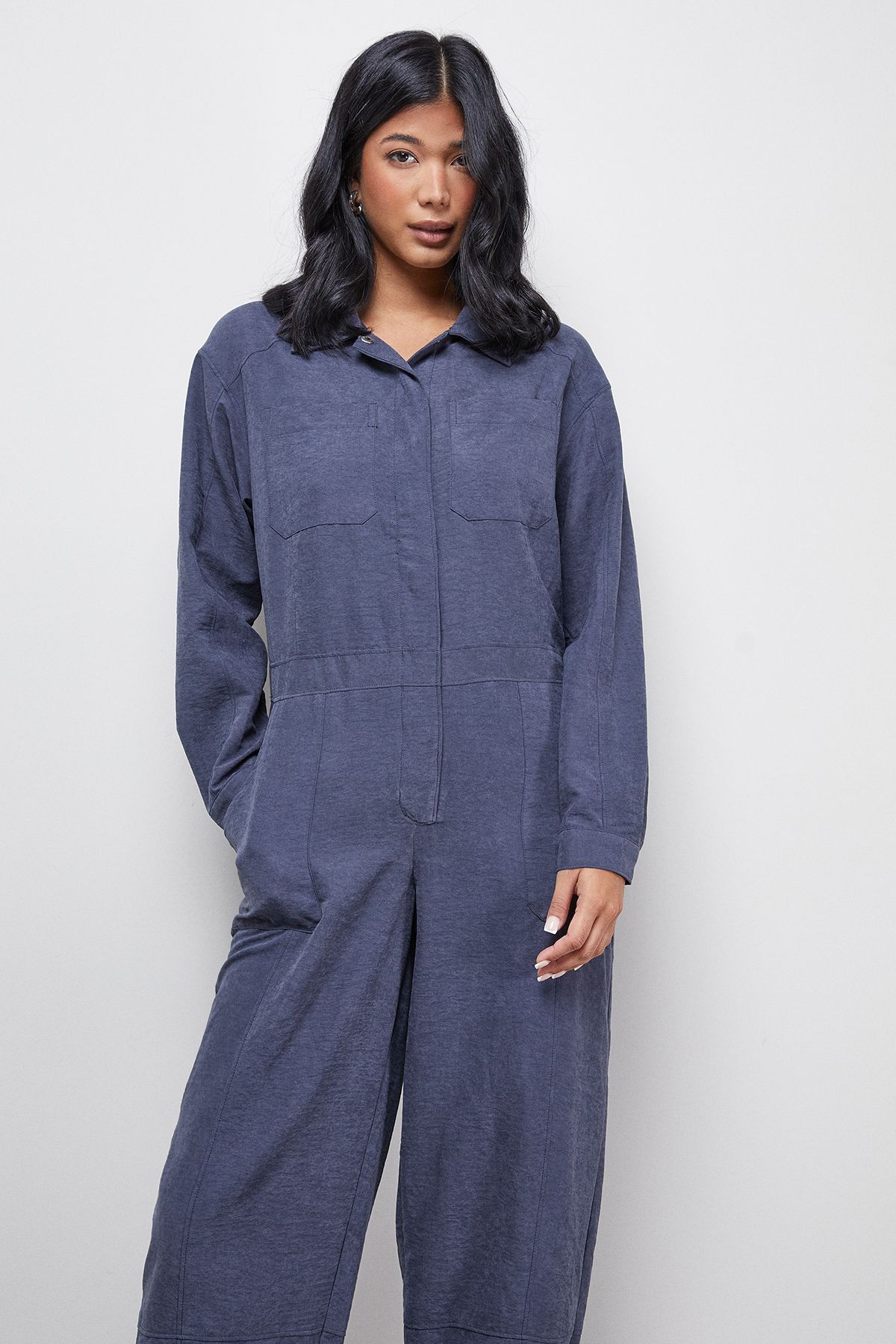 Warehouse Petite Peach Satin Utility Boilersuit Jumpsuit Slate image 2