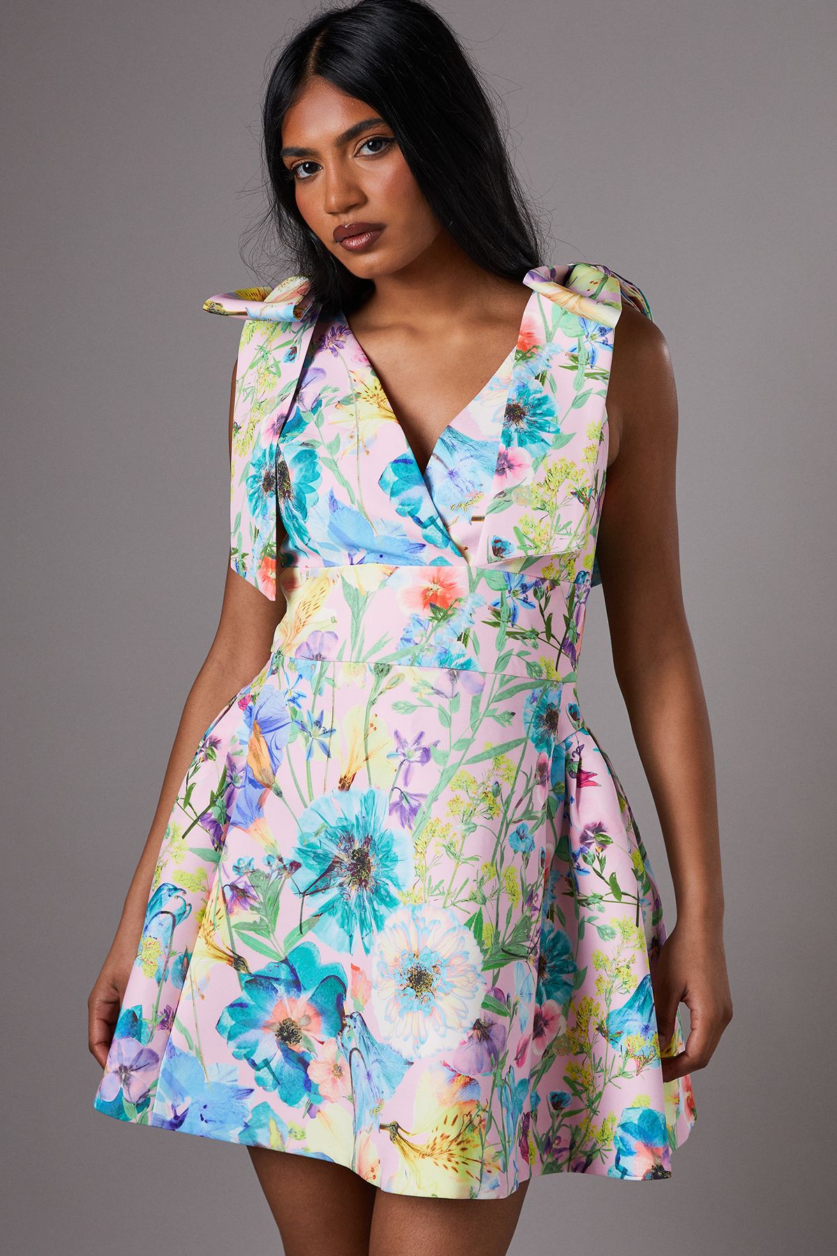 Coast Petite Skater Mini Dress With Bow Straps Blush image 2