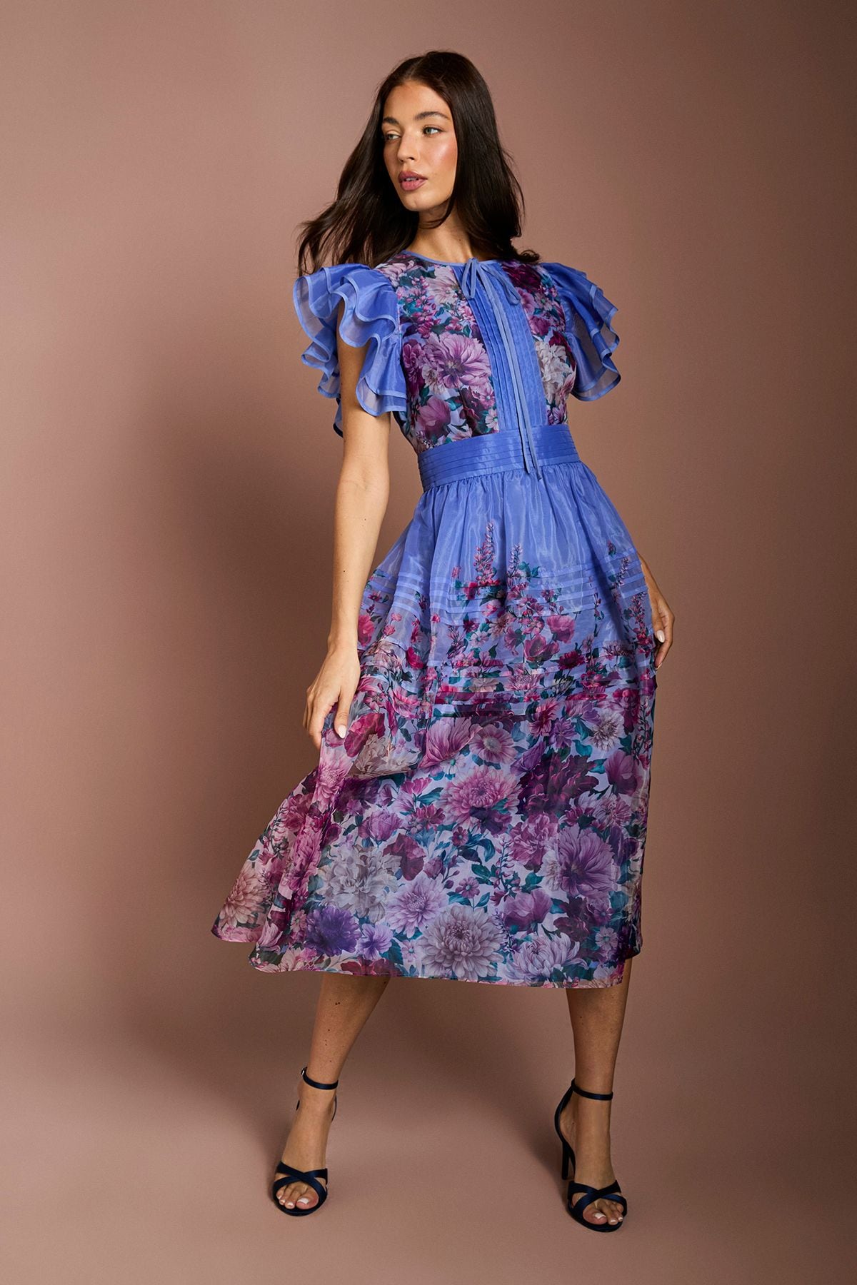 Coast Lisa Tan Organza Ruffle Printed Midi Dress Blue image 1