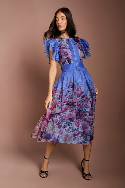 Coast Lisa Tan Organza Ruffle Printed Midi Dress Blue