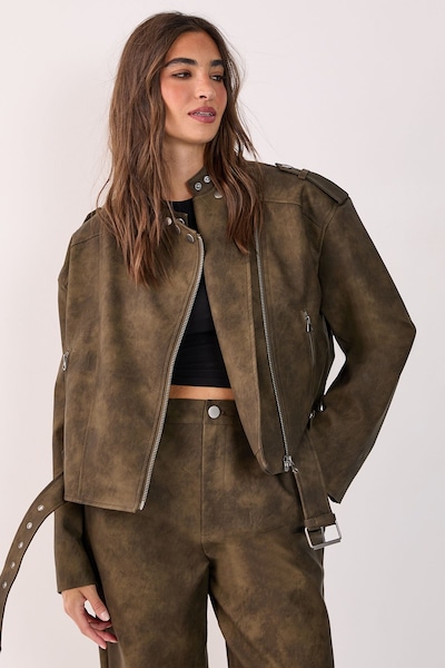 NastyGal Belted Cropped Faux Leather Biker Jacket Olive