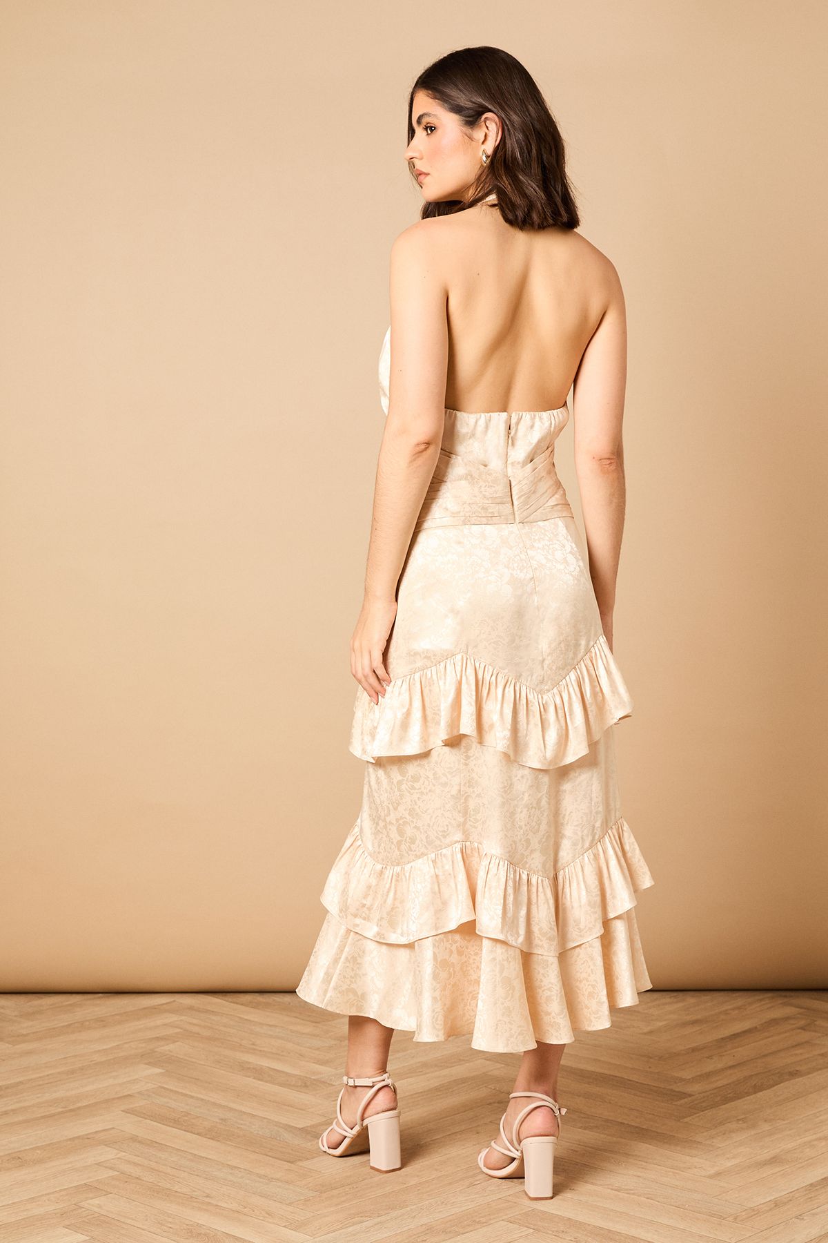 Oasis Halterneck Satin Jacquard Midi Dress Champagne image 4