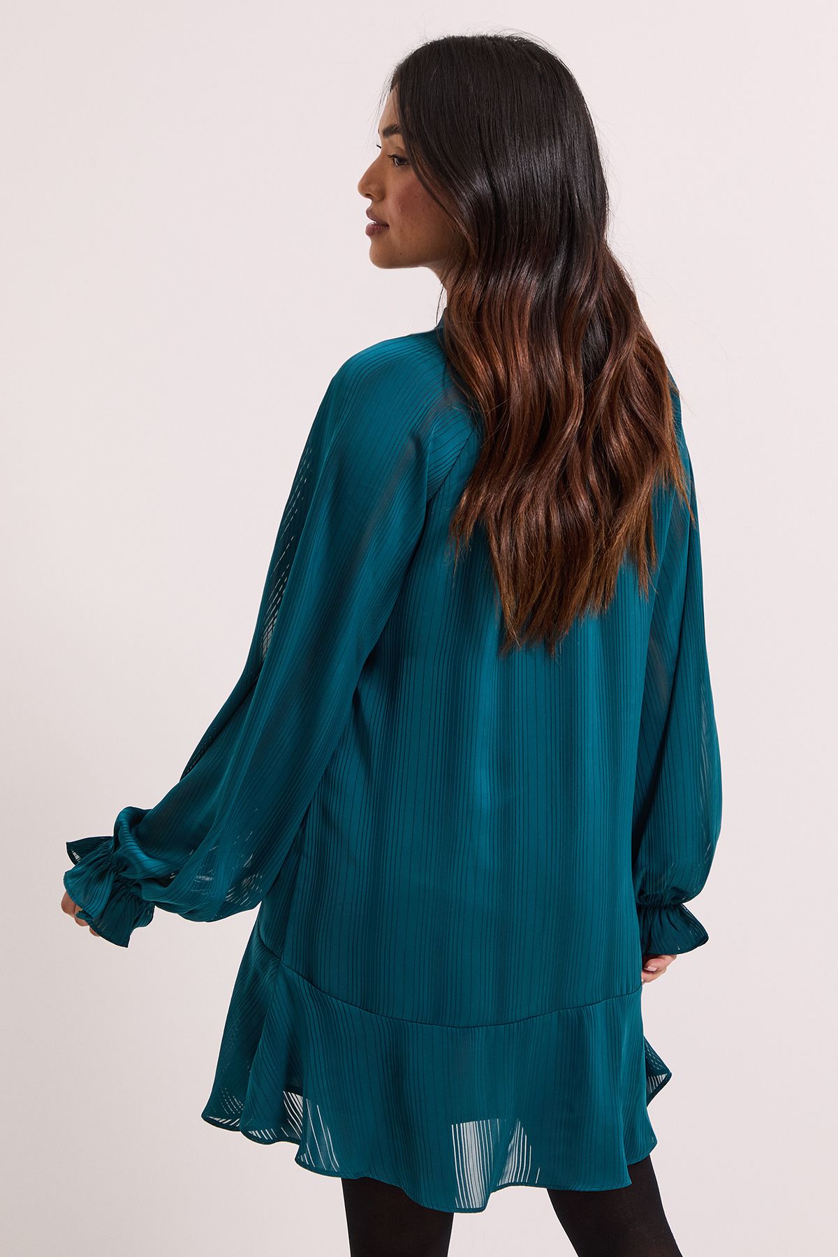 Dorothy Perkins Petite Tie Neck Satin Burnout Tiered Smock Dress Teal image 4