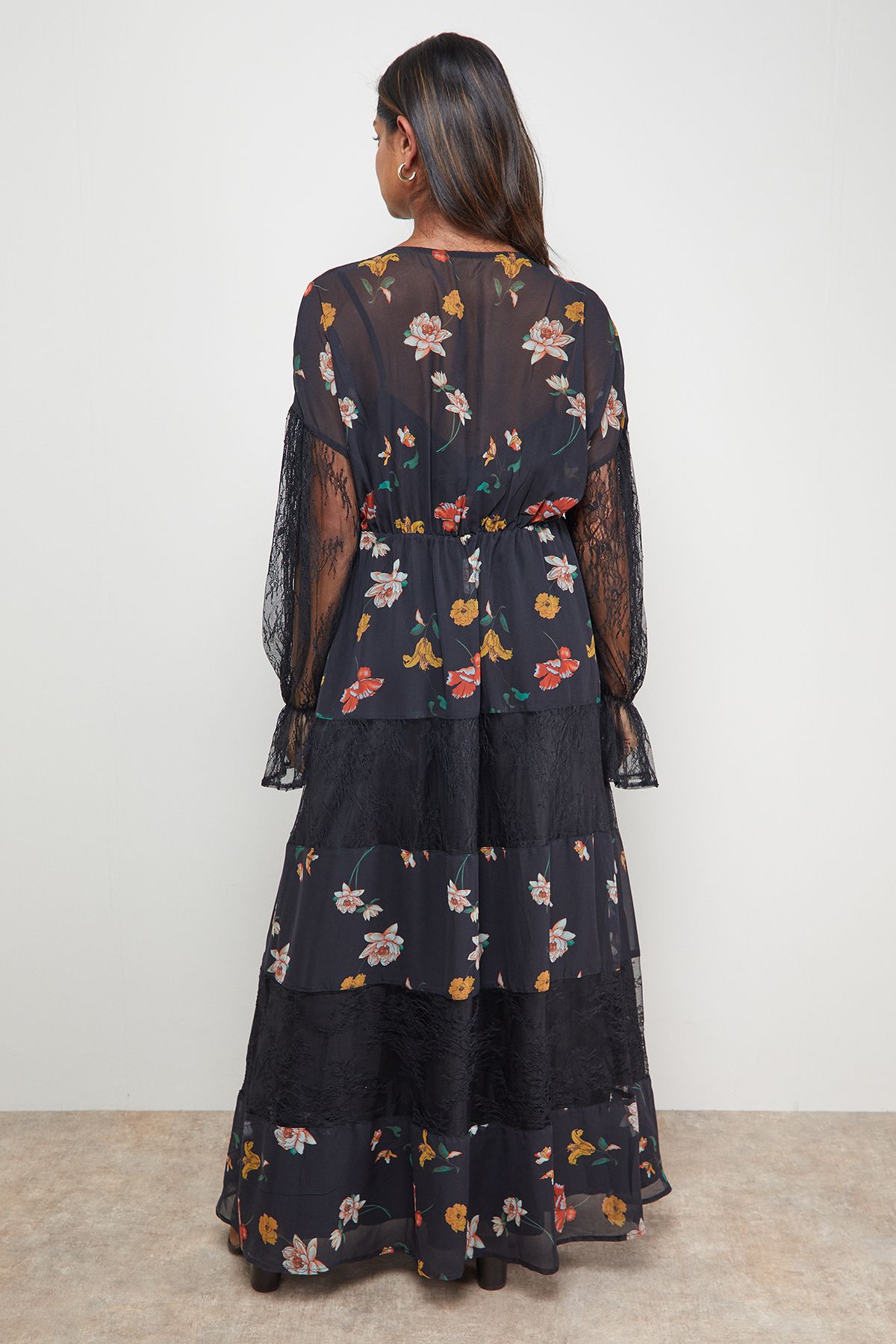 Oasis Printed Lace Panel Detail V Neck Midaxi Dress Multi image 3