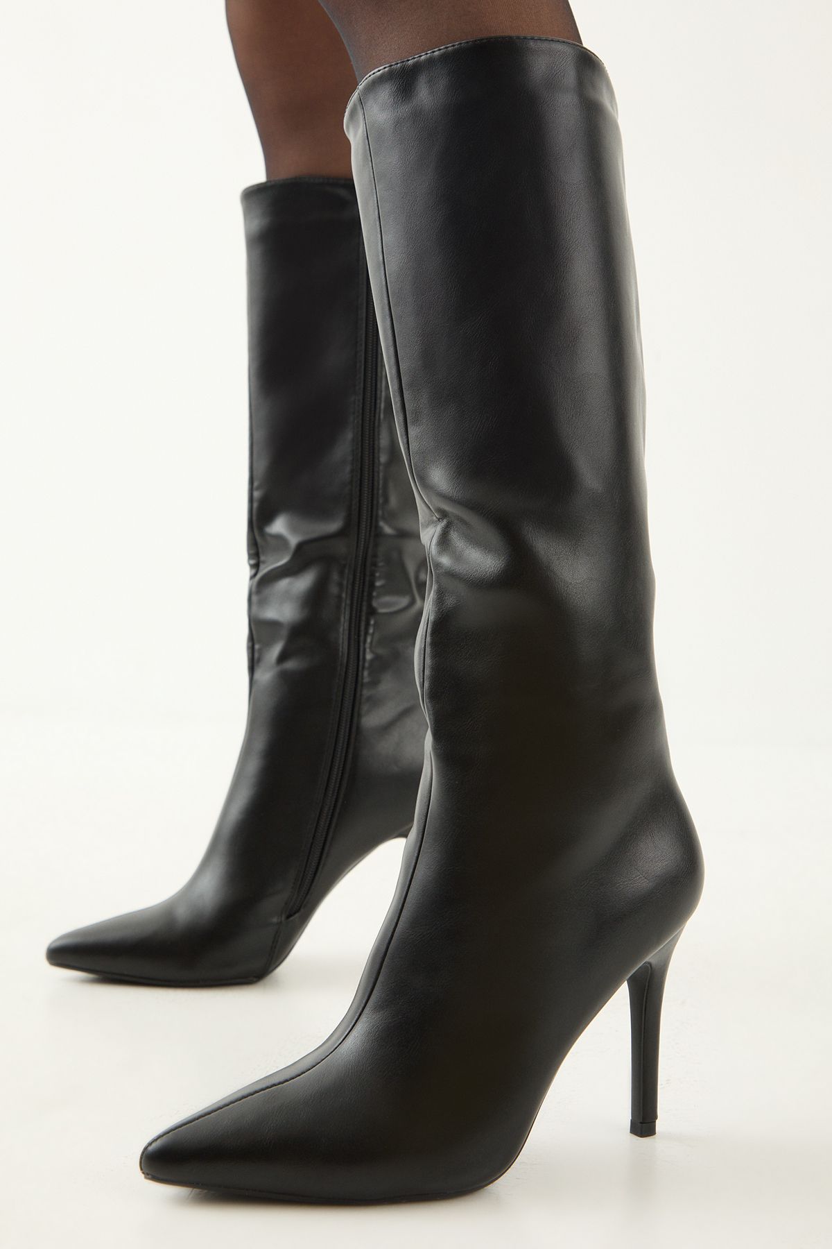 MissPap Faux Leather Pointed High Stiletto Heel Knee Boots Black image 4