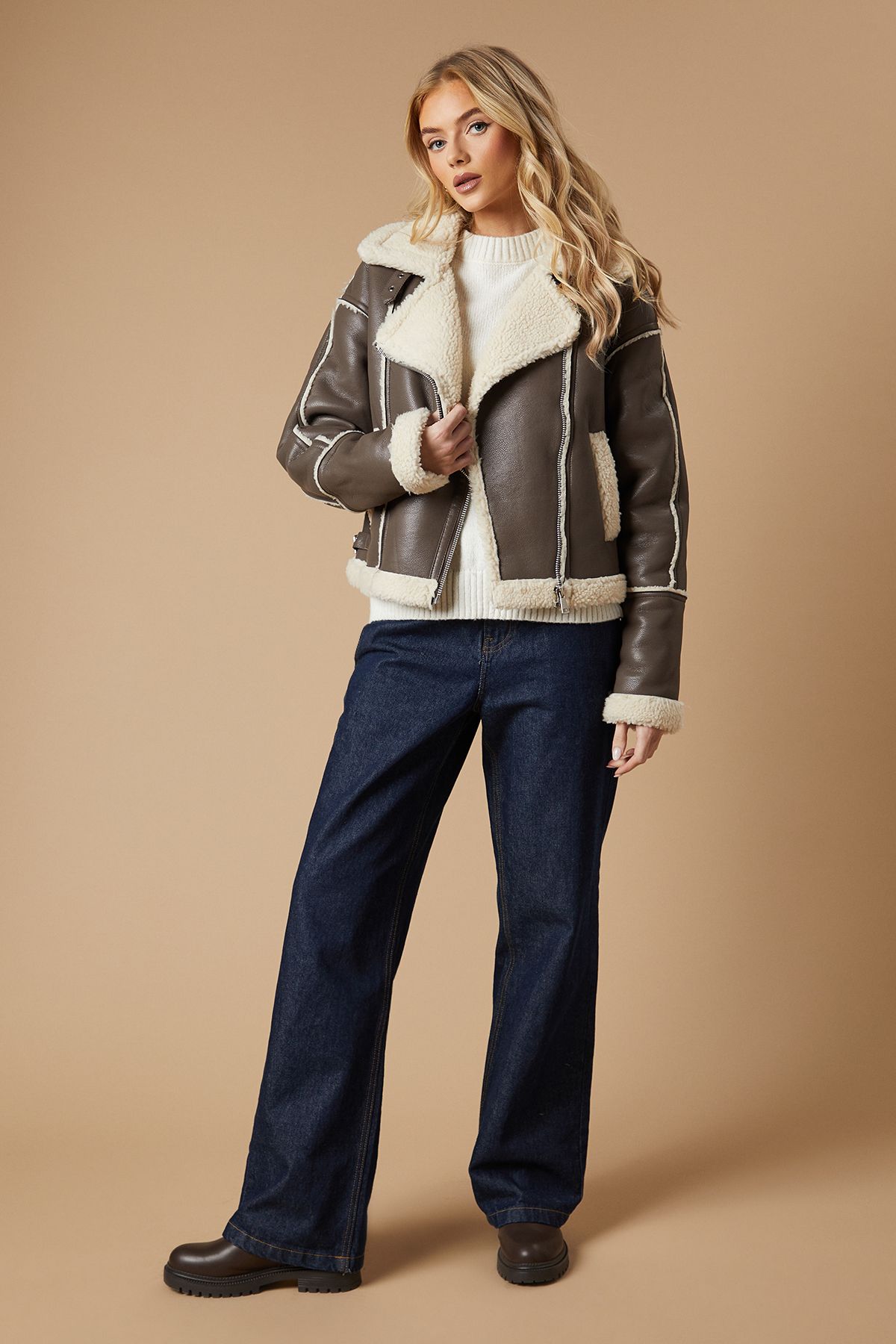 Oasis PU Borg Detail Collared Zip Jacket Chocolate image 2