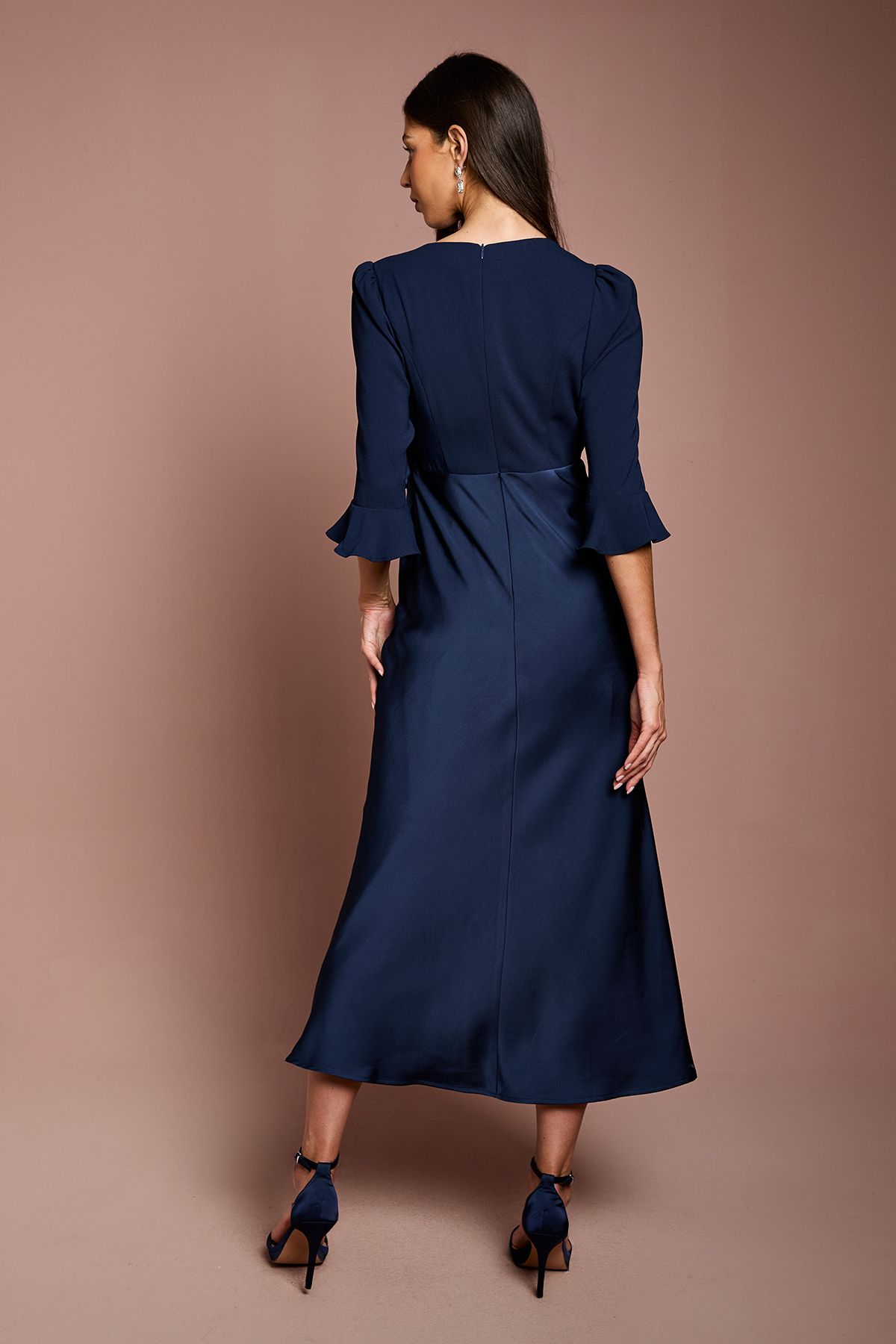 Coast Ruffle Sleeve Satin Back Crepe Wrap Dress Navy image 3