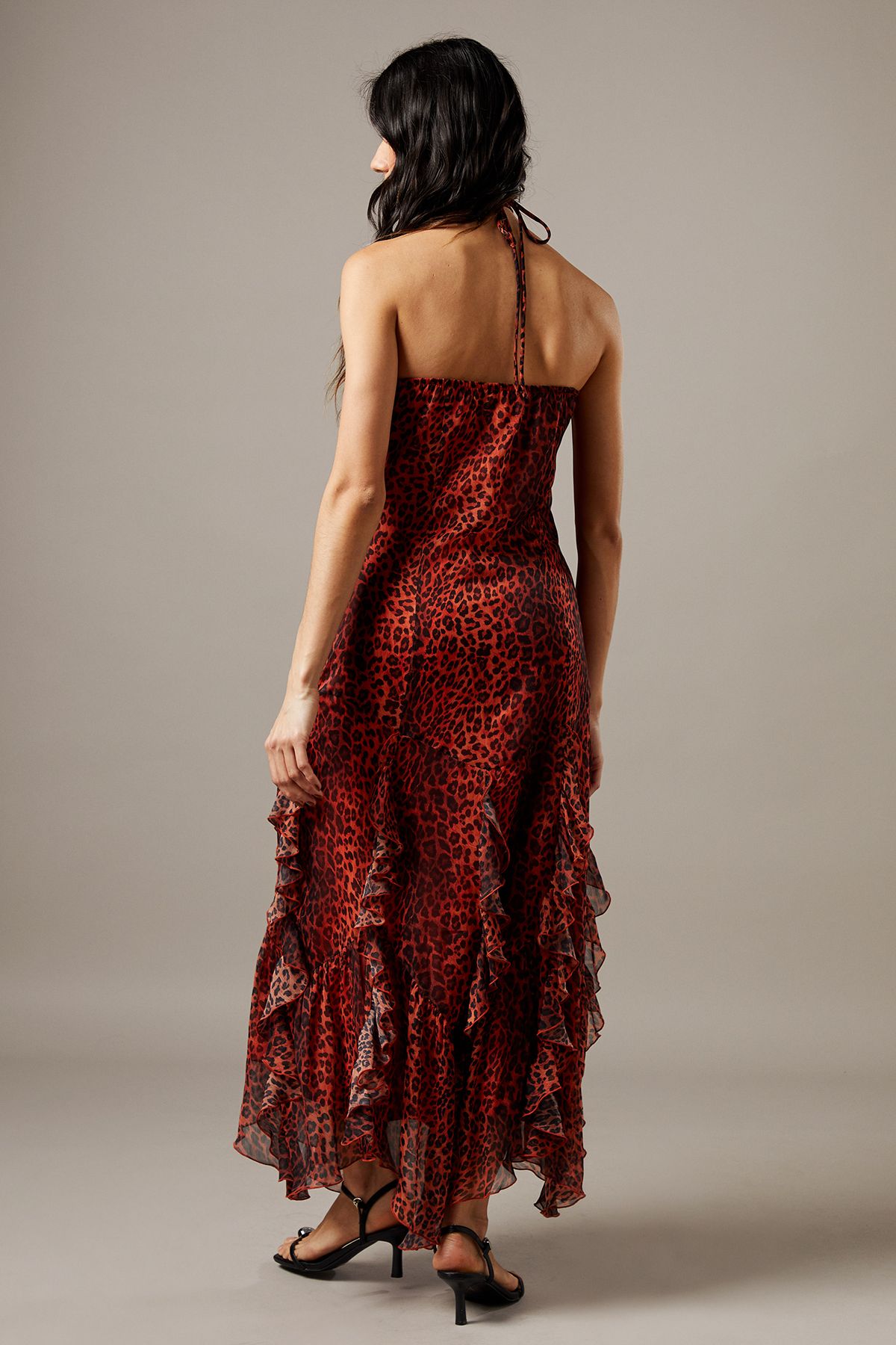 Warehouse Chiffon Halter Tendril Ruffle Midi Dress Animal image 3