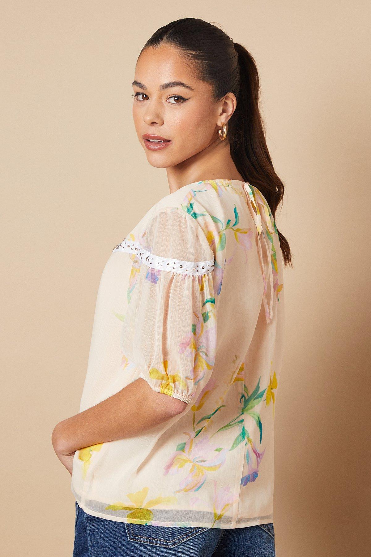 Oasis Floral Hand Embellished Trim scoop Neck Half Sleeve Blouse Multi image 3