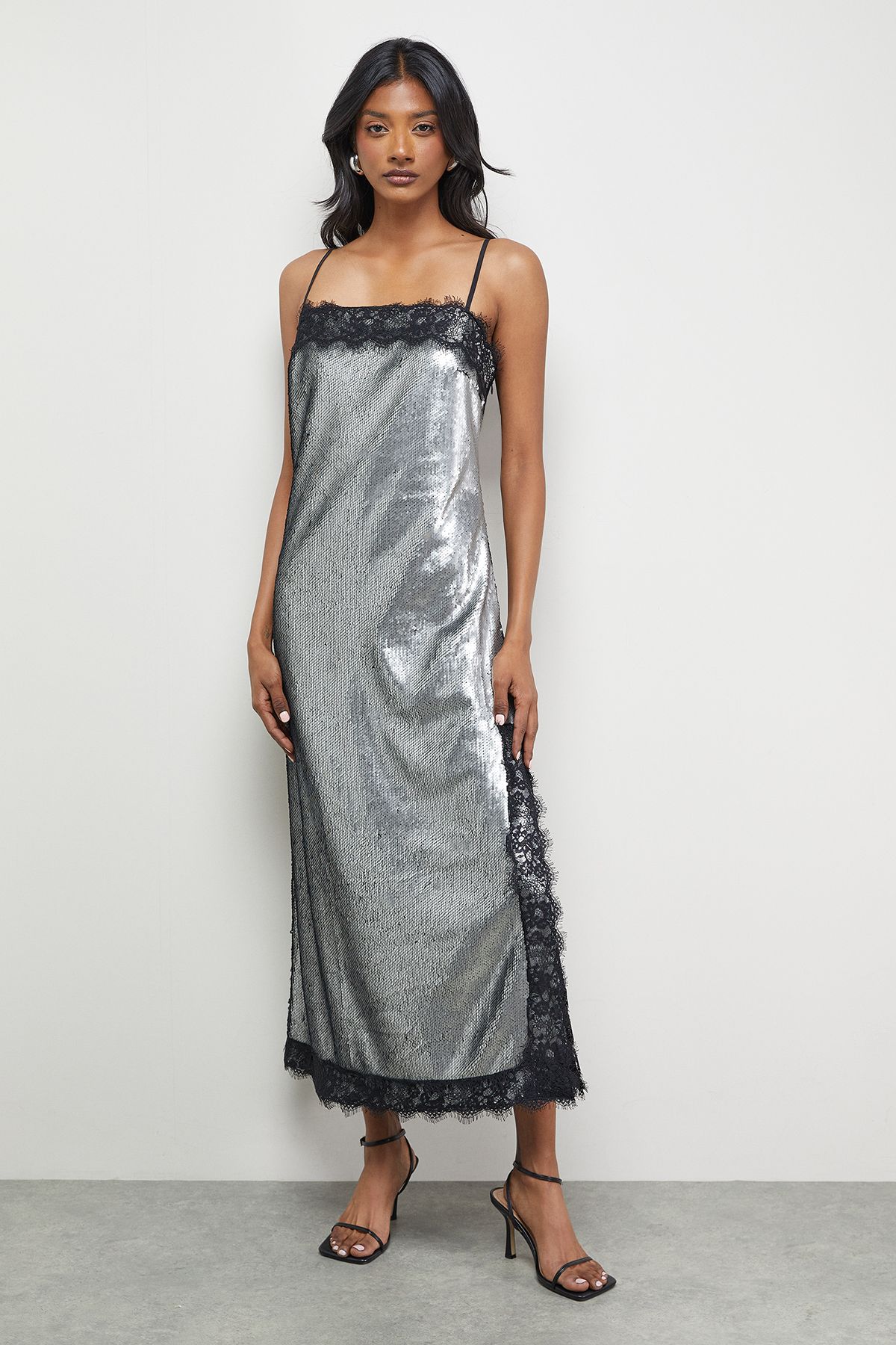 Warehouse Sequin Lace Trim Square Neck Midi Slip Dress Gun Metal image 4