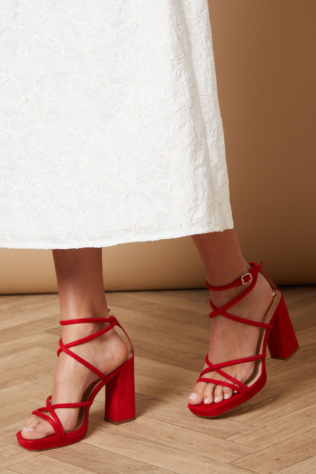 Oasis Evristine Faux Suede Strappy Platform Block Heel Sandals Red image 1