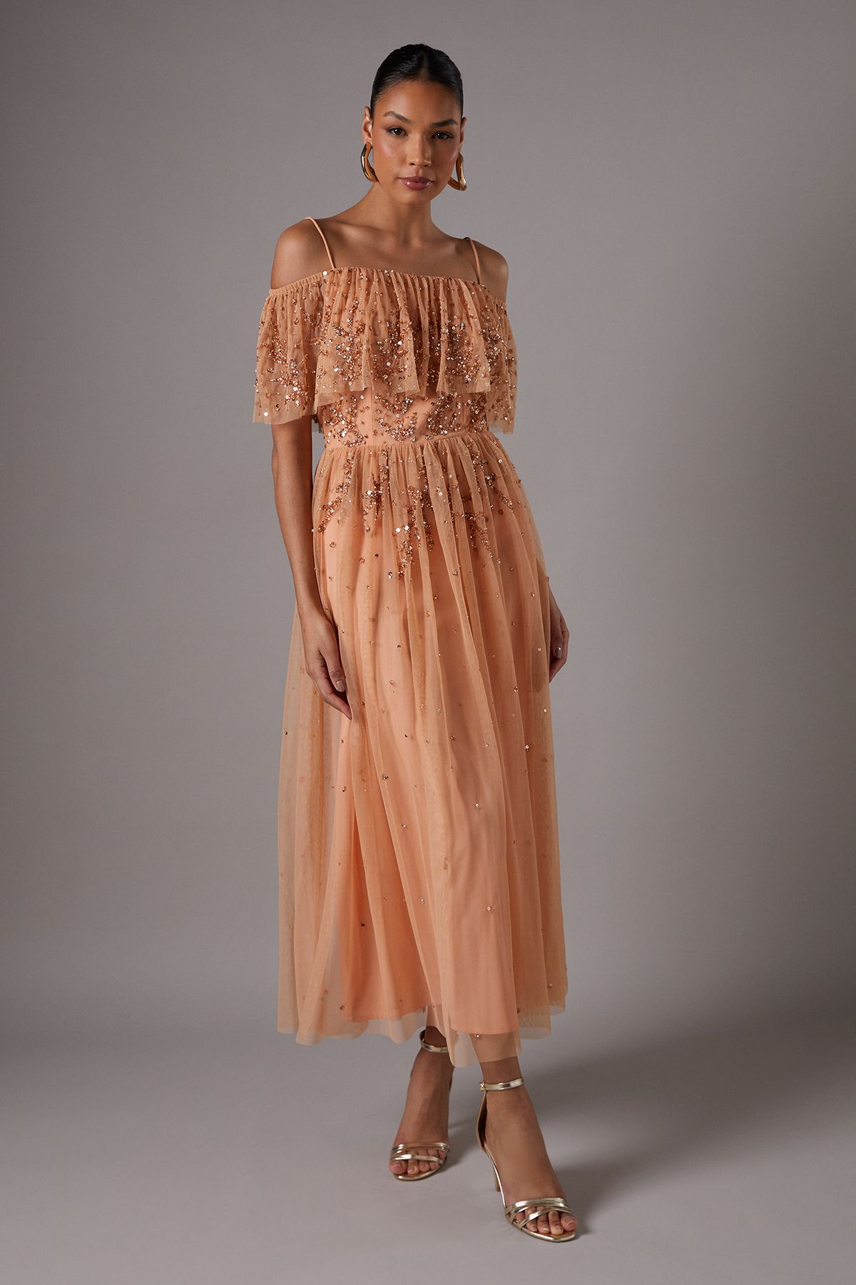 Coast Sequin Mesh Midi Dress With Flutter Sleeves Apricot image 1