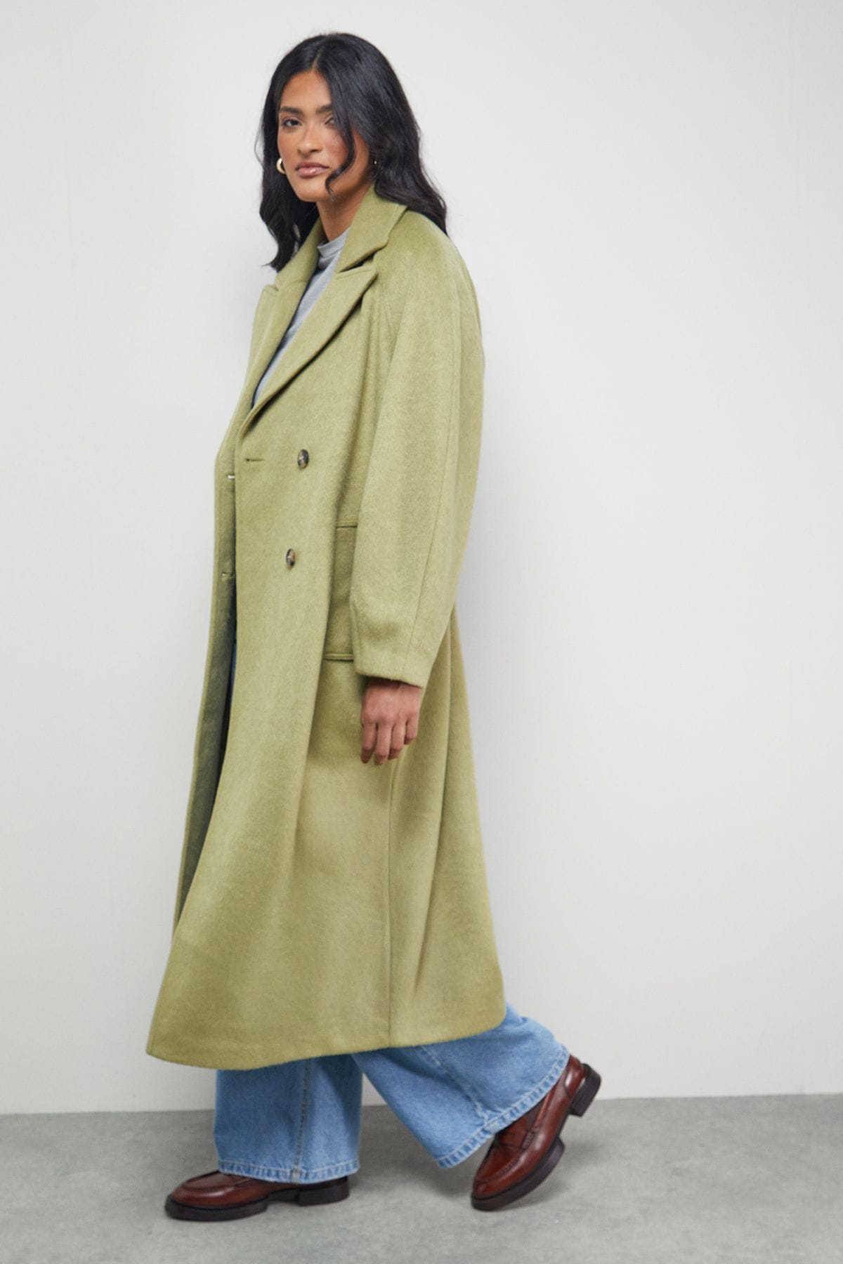 Warehouse Oversized Pleat Back Detail Maxi Coat Green image 4