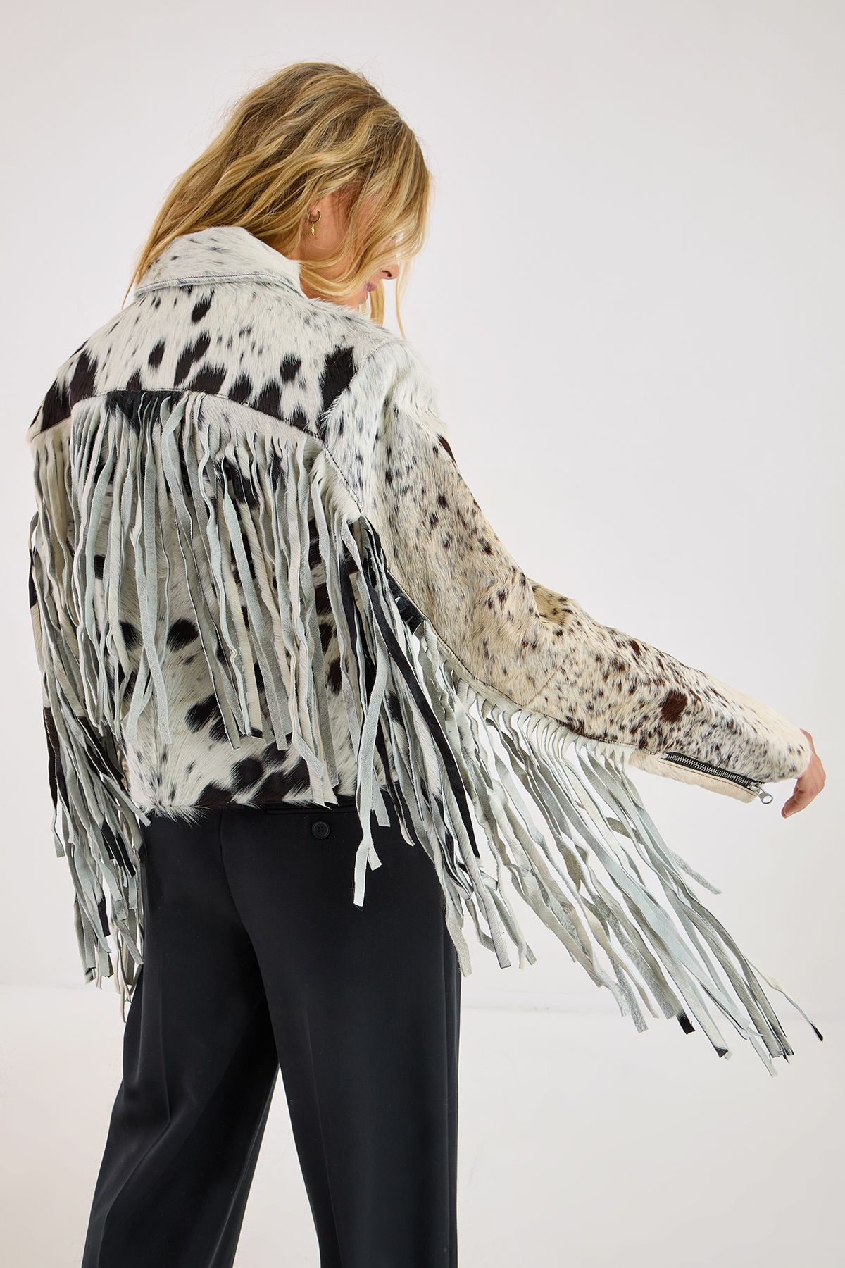 NastyGal Animal Cow Hide Leather Zip Through Fringe Jacket Animal image 4