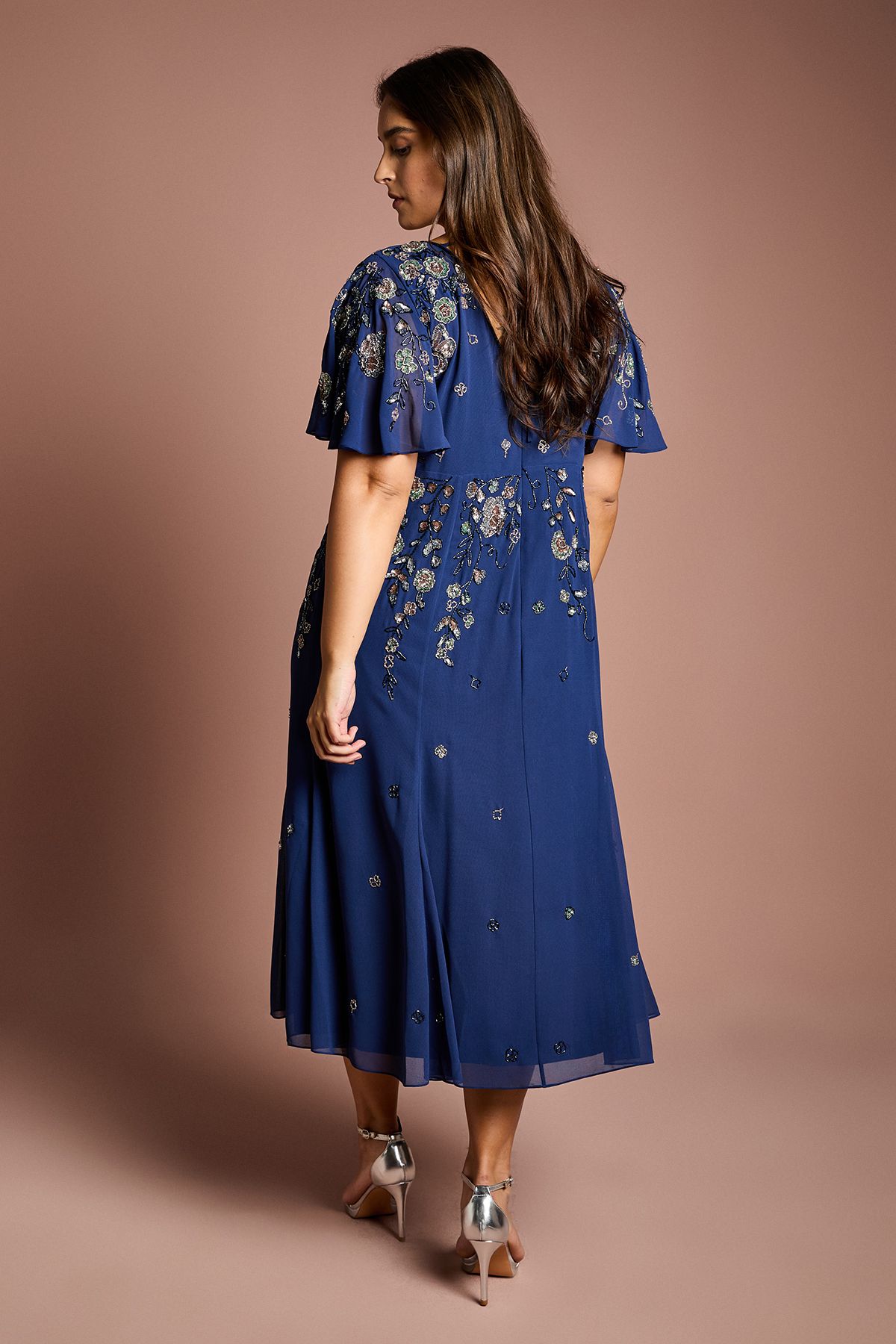 Coast Plus Floral Embellished Flutter Sleeve Midi Dress Navy image 3