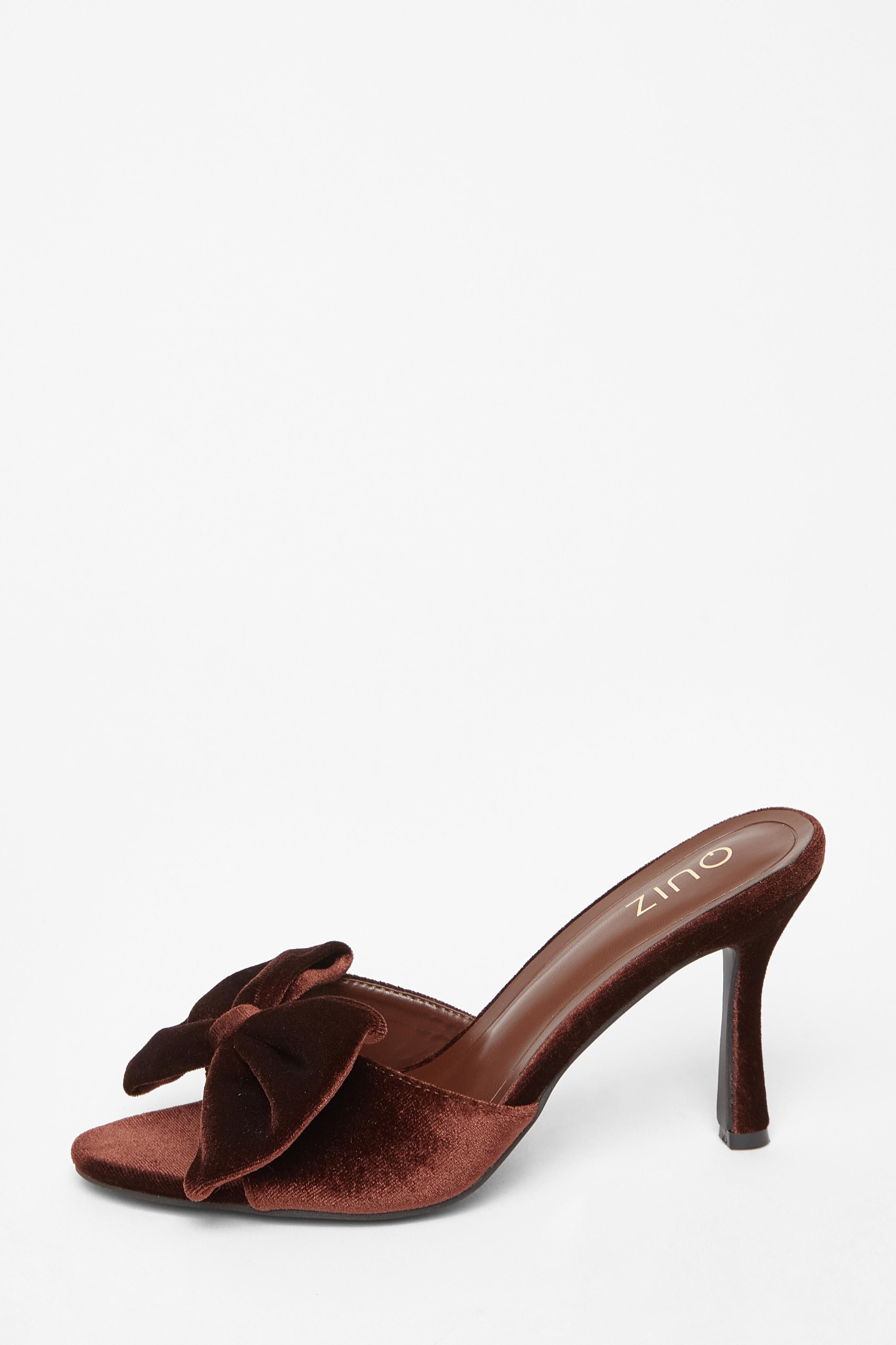 Quiz Brown Velvet Bow Mule Heels image 3