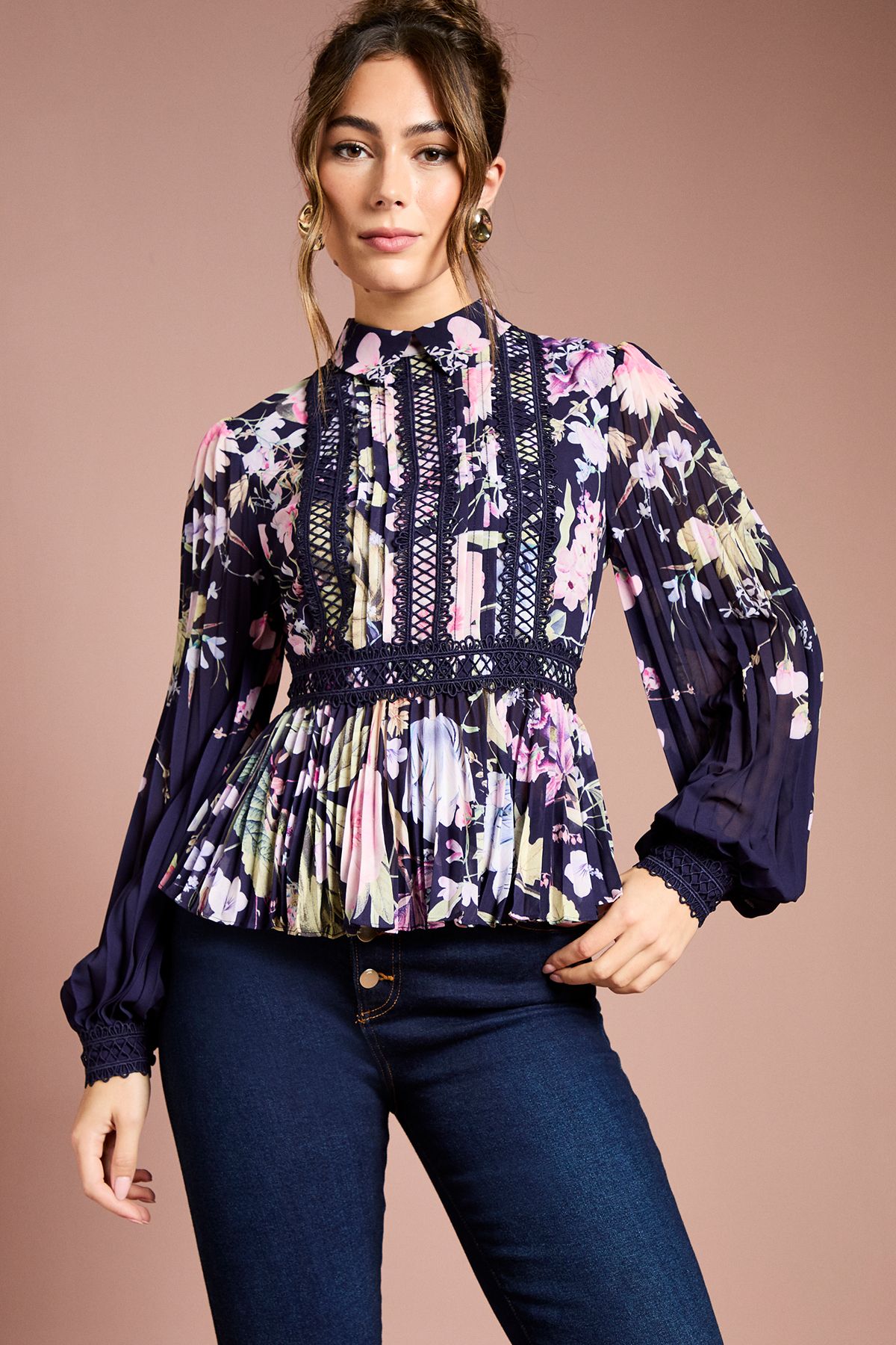 Coast Printed Lace Trim Pleated Shirt Navy image 1