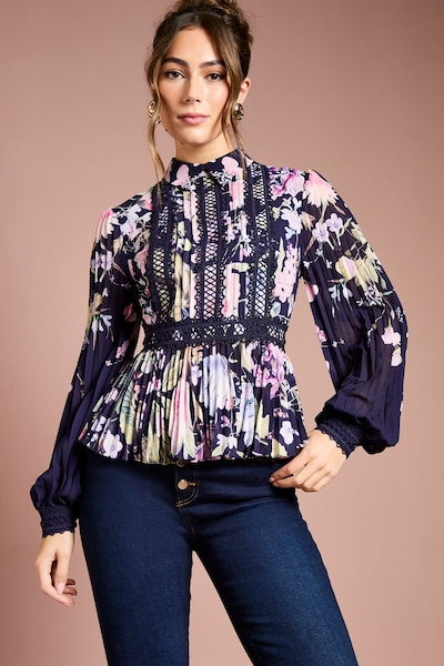Coast Printed Lace Trim Pleated Shirt Navy