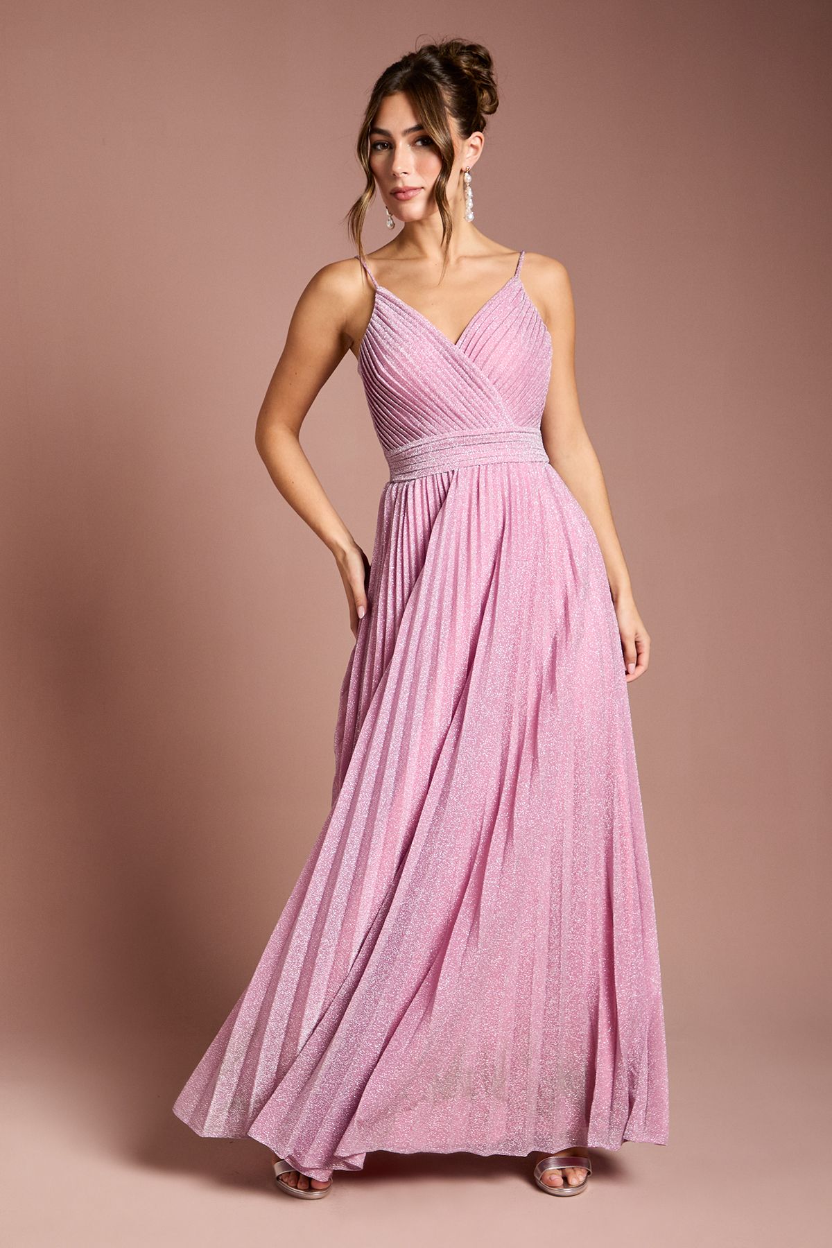 Coast V neck Cami Shimmer Pleated Maxi Dress Pink image 1