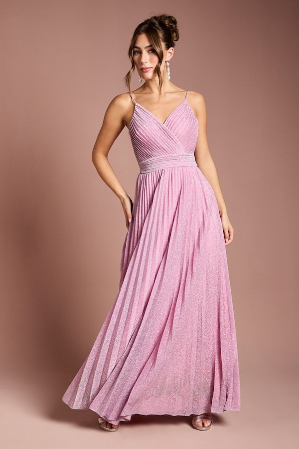 Coast V neck Cami Shimmer Pleated Maxi Dress Pink
