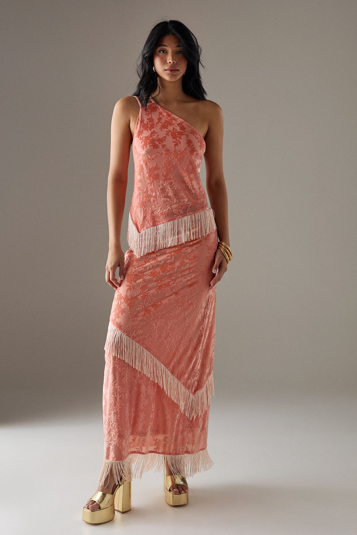 Warehouse Devore One Shoulder Fringe Cami Top Pink image 2