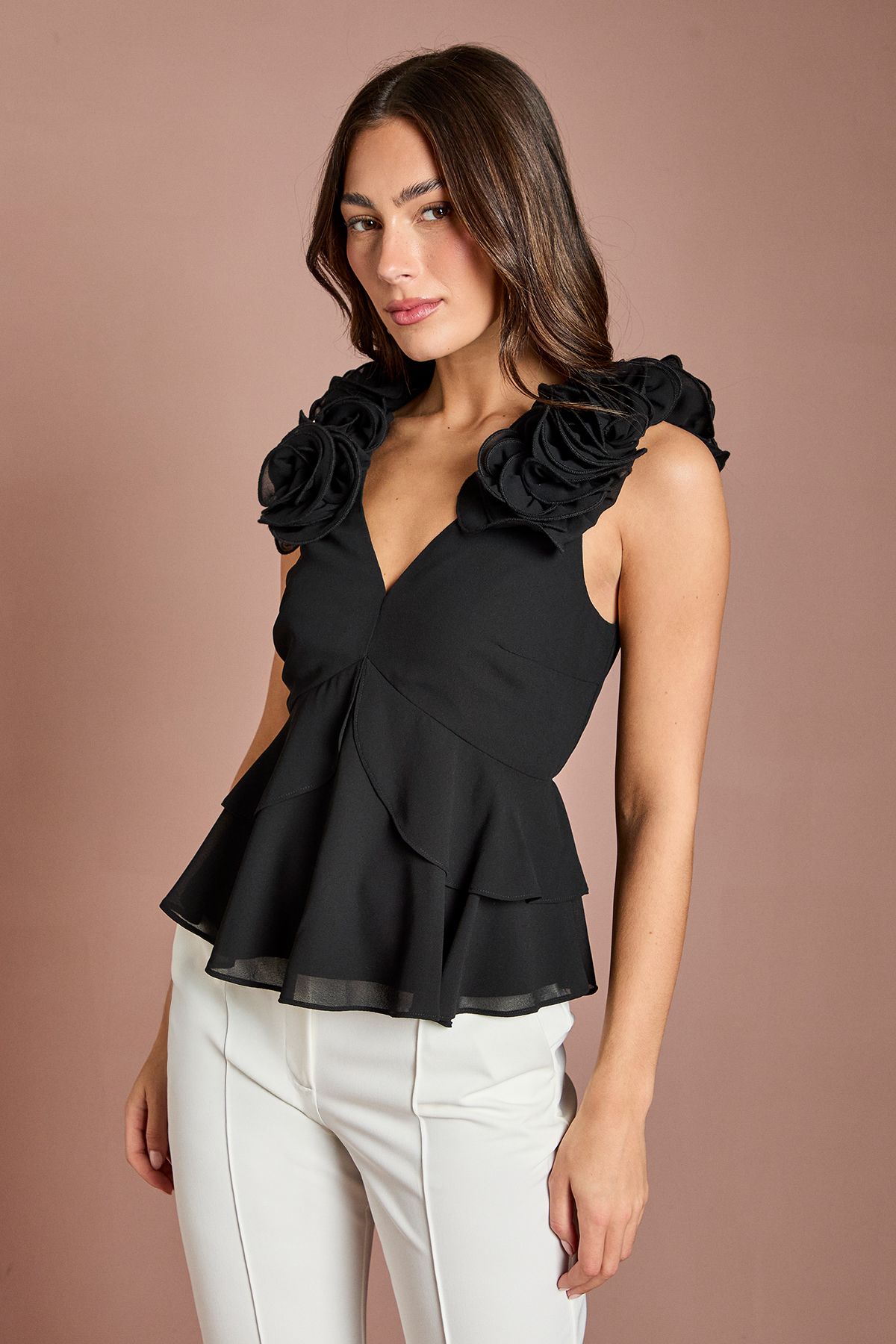 Coast 3D Floral Strap Chiffon Top Black