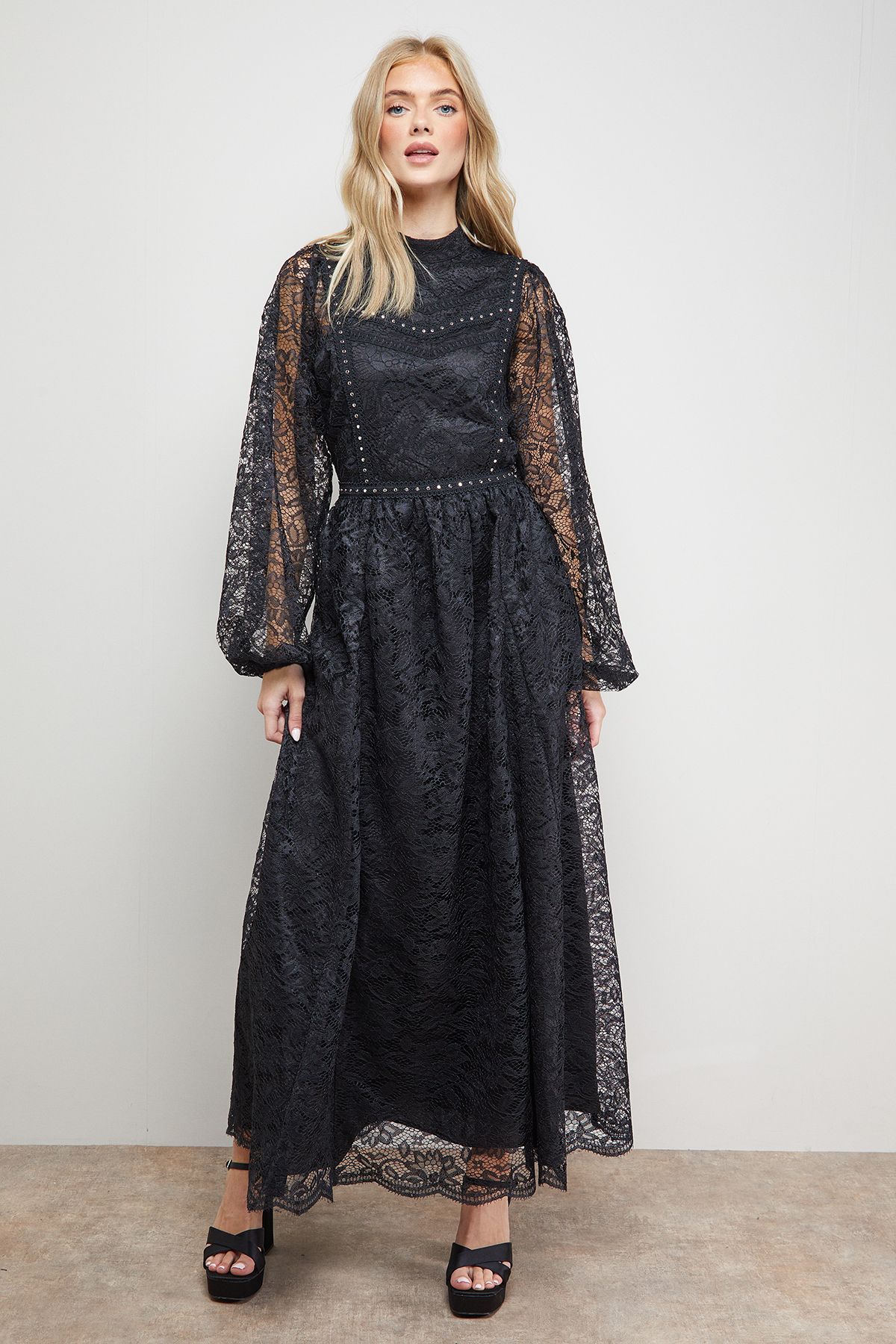 Oasis Lace Trim Long Sleeve Scallop Edge Boho Maxi Dress True Black image 1