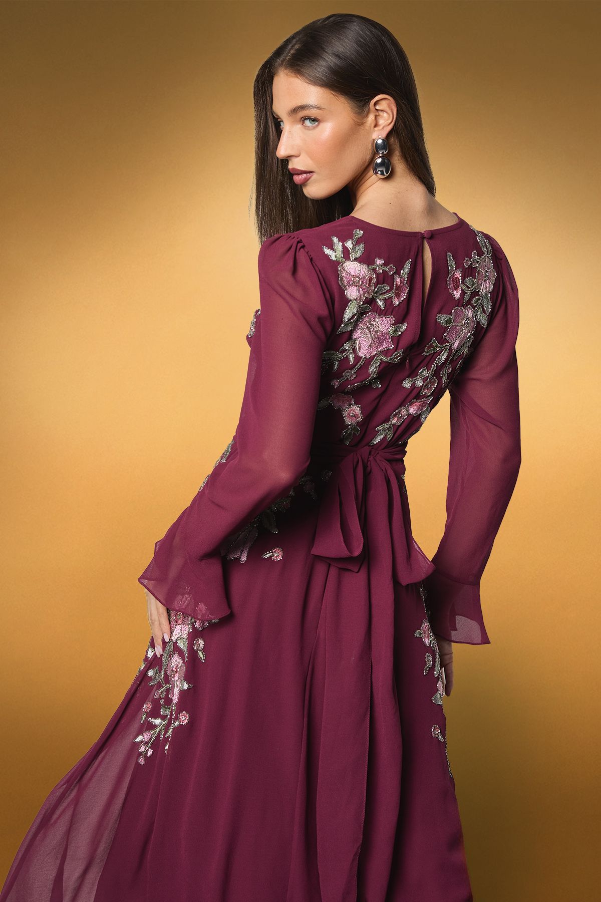 Coast Wrap Waist Embroidered Midi Dress Wine image 2